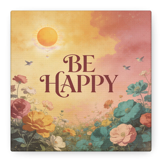"Be Happy" Inspirational Canvas Wall Art - Floral Sun, Birds, Vintage Typography - Bohemian Matte Canvas Print - Bedroom Home Decoration, Living Room Wall Decor, Office Art - Bedroom Home Decoration
