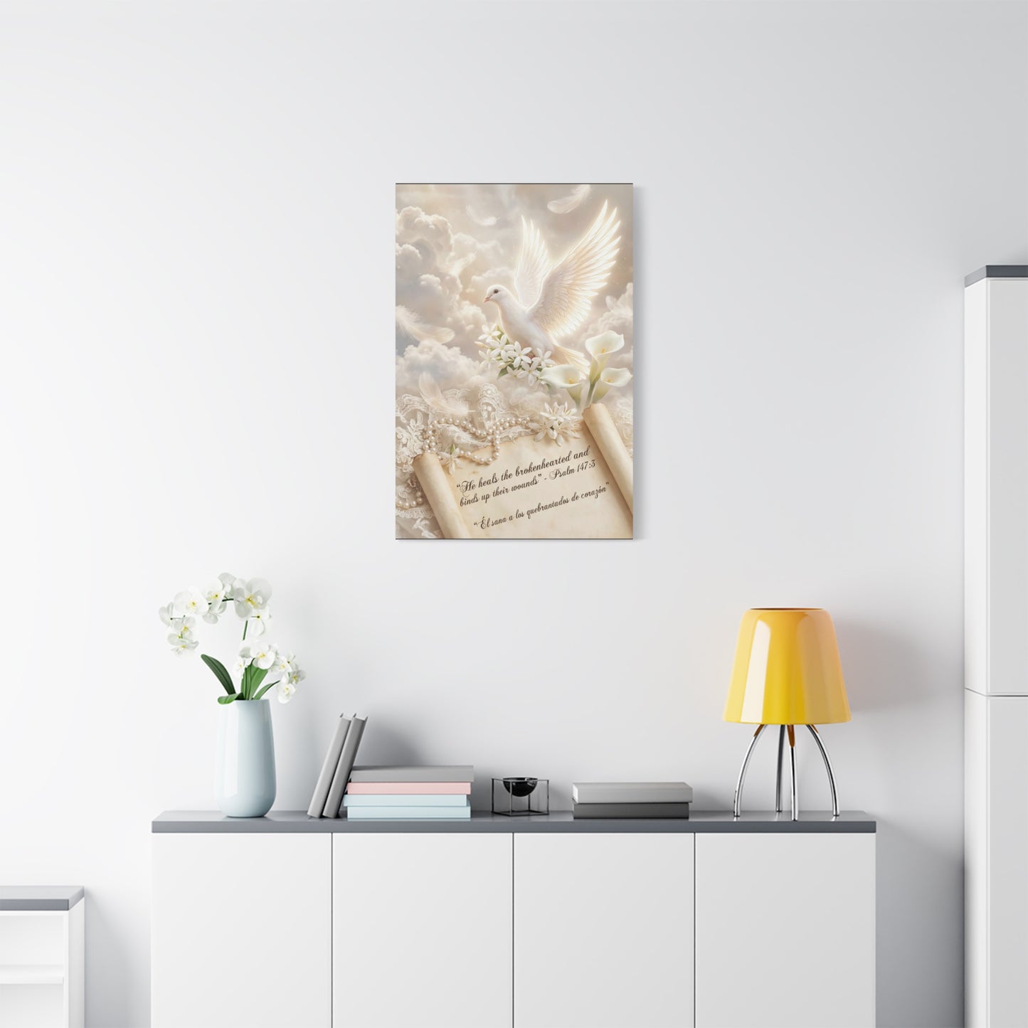 "He Heals The Brokenhearted And Binds Up Their Wounds" Dove Canvas Wall Art - Psalm 147:3 Scripture, White Lily Floral Design - Traditional Religious Decor For Bedroom - Office Wall Art