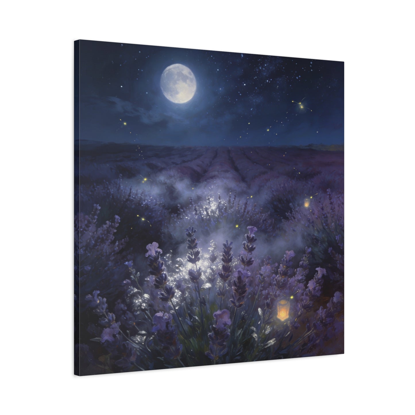 Moonlit Lavender Field Canvas Wall Art - Firefly Night Landscape, capiz shells wall decor - Matte Cotton Art Print, Calming Traditional Style - Bedroom Home Decoration, Office Wall Art - Ready to Hang
