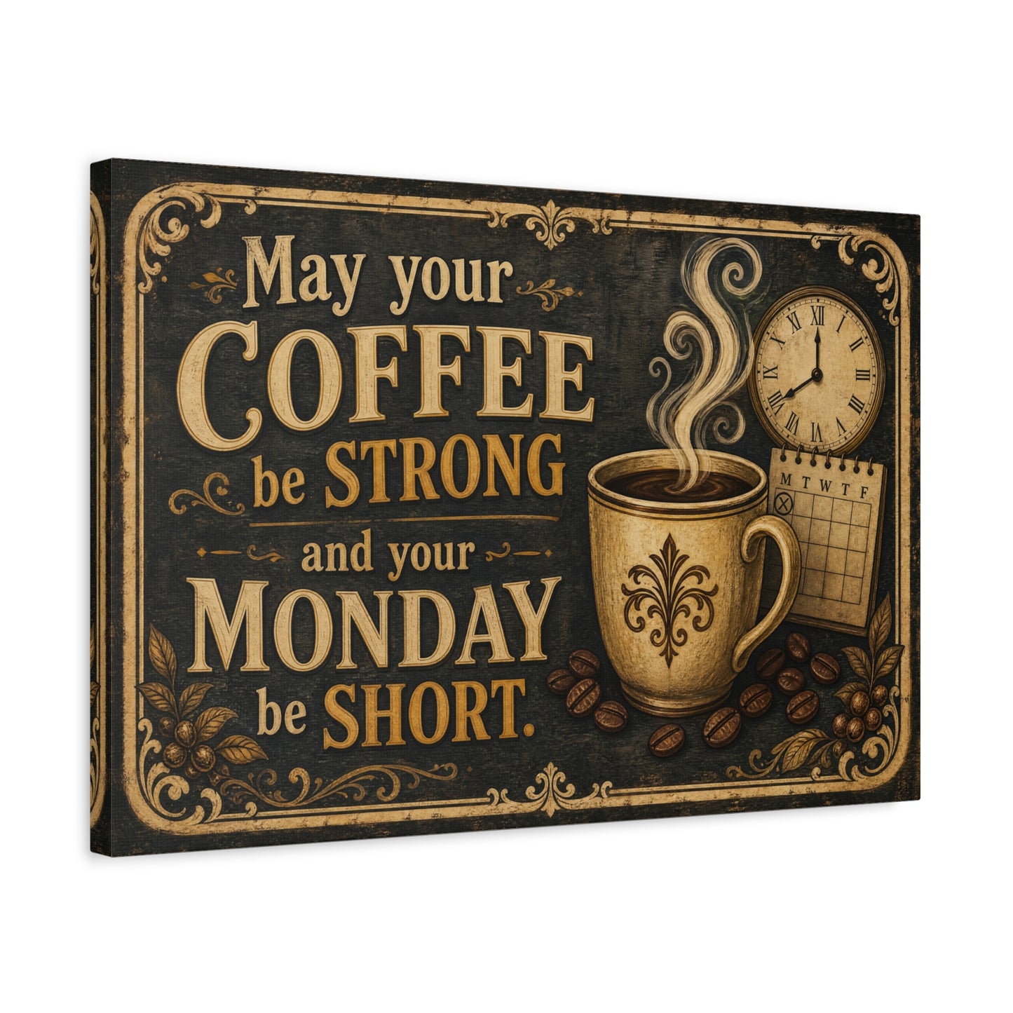 "May Your Coffee Be Strong And Your Monday Be Short" Canvas Wall Art - Vintage Coffee Cup Quote Print, Rustic Decor, Farmhouse Wall Hanging - Ready to Hang - Bistro Decor - Espresso Bar Sign