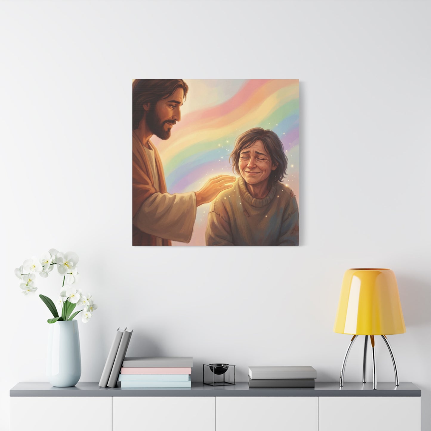Jesus Christ Comforting Woman Canvas Wall Art - Rainbow Christian Wall Decor, Faith Home Decoration - Matte Canvas Print, Inspirational Religious Artwork - Living Room Bedroom Office - Ready to Hang
