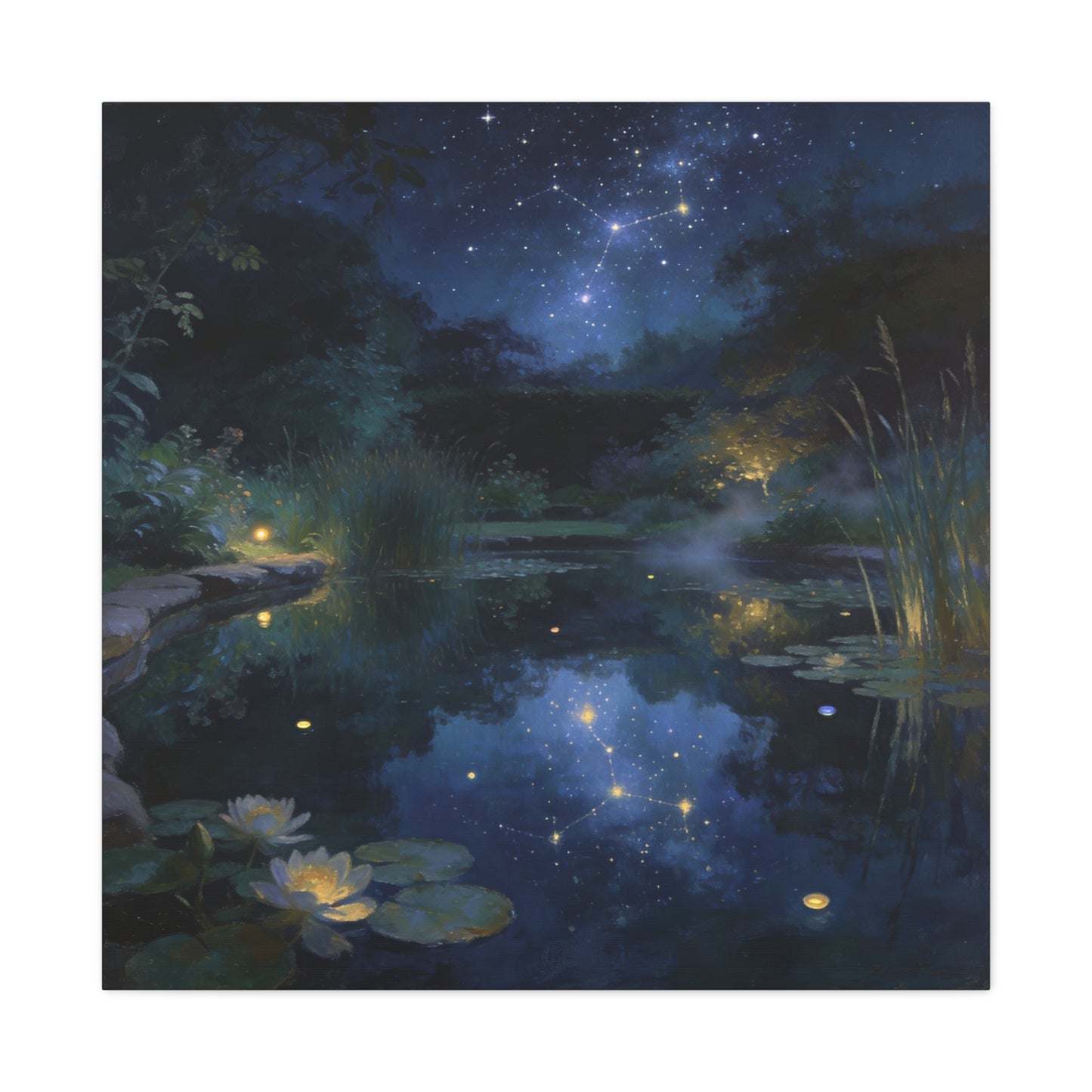 Starry Night Pond Canvas Wall Art - Moonlit Water Lilies, Celestial Reflection Landscape - Dreamy Matte Canvas Print - Traditional Nightscape Style - Living Room Wall Decor Bedroom Home Accent
