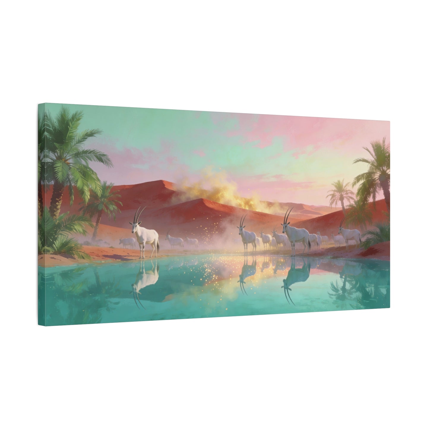 Desert Oasis Oryx Canvas Wall Art - Antelope Lake Reflection, Palm Dunes - Dreamy Surreal Cotton Print - Contemporary Landscape Style - Living Room Wall Decor, Bedroom Accent - Bedroom Home Decoration
