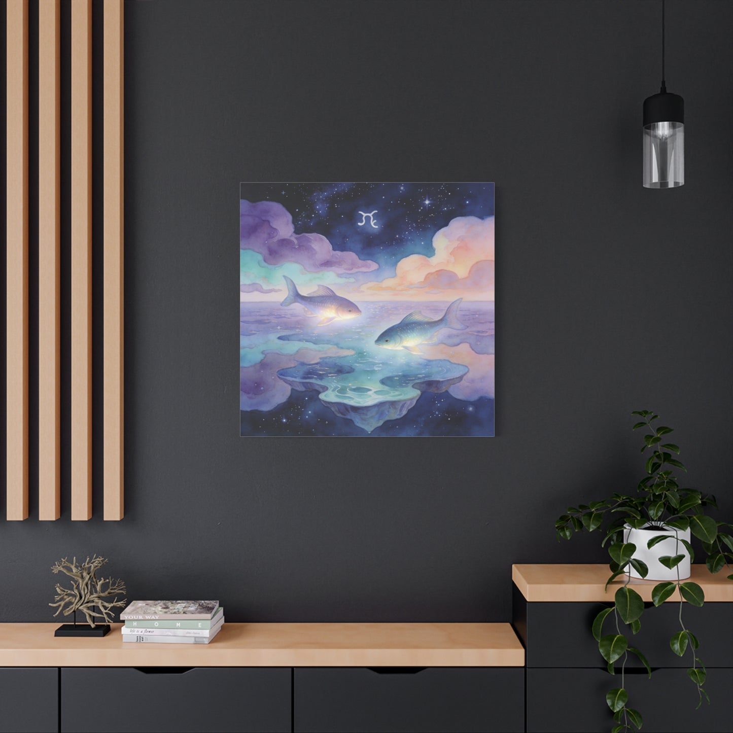 Pisces Zodiac Canvas Wall Art - Celestial Fish Over Dreamlike Sea, Watercolor Illustration - Mystical Night Sky, Matte Canvas Print - Bedroom Wall Decor, Meditation Space Accent - Ready to Hang