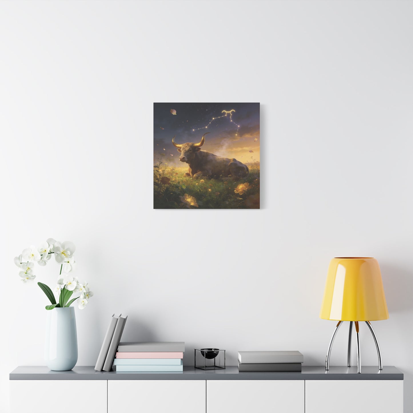 Taurus Zodiac Bull Canvas Wall Art - Celestial Constellation Night Meadow, Golden Horns, Dreamy Illustration - Matte Cotton Print - Bedroom Home Decoration, Office Wall Decor - Bedroom Home Decoration