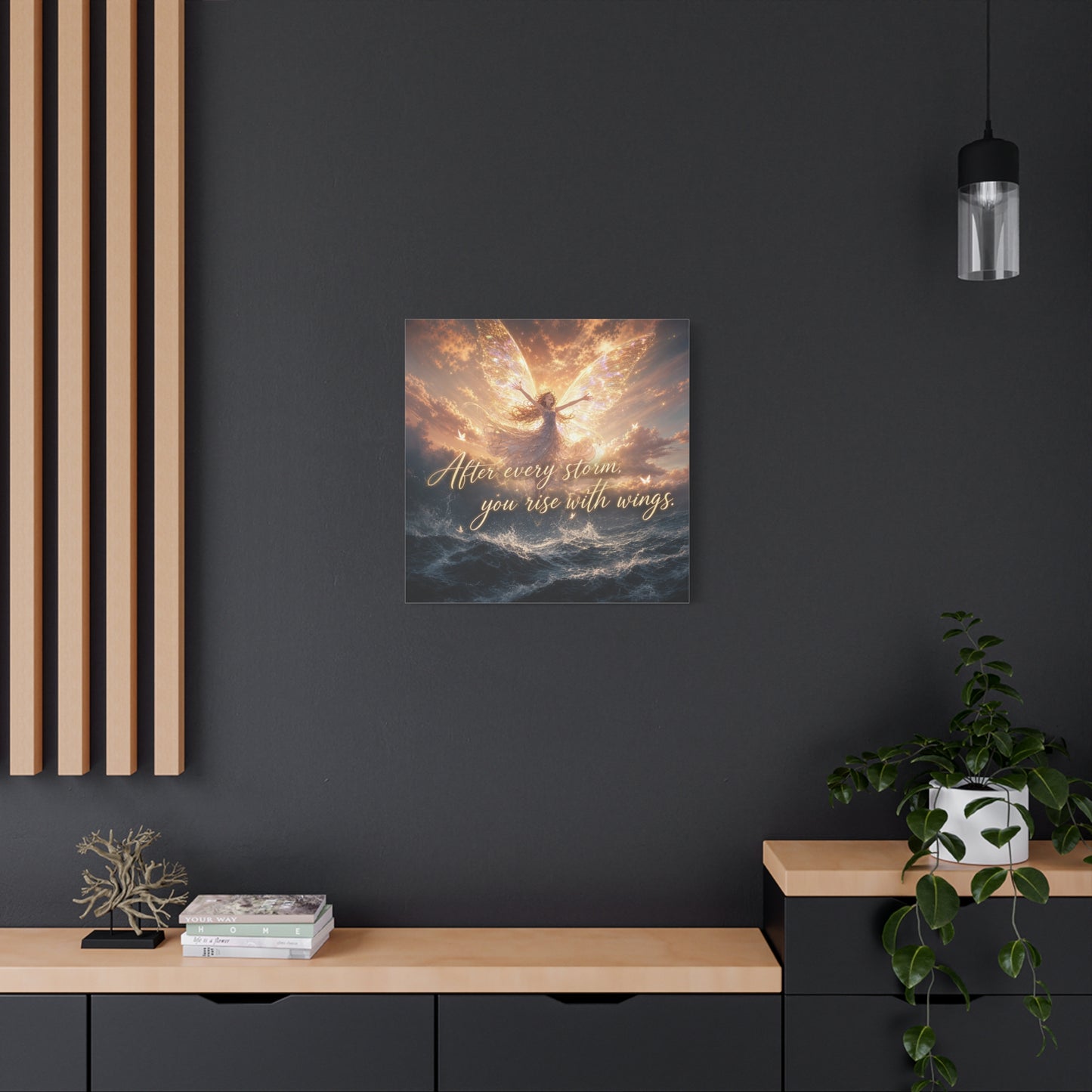 "After Every Storm, You Rise With Wings." Fairy Canvas Wall Art - Inspirational Ocean Sky Quote Print - Golden Ethereal Fantasy Decor - Bedroom Wall Hanging, Living Room Accent - Ready to Hang