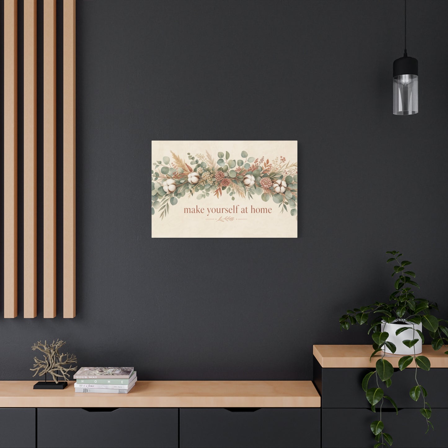 "Make Yourself At Home" Botanical Canvas Wall Art - Eucalyptus Cotton Stem Floral Quote Print - Rustic Farmhouse Style - Living Room Wall Decor - Modern Farmhouse Style - Bedroom Home Decoration