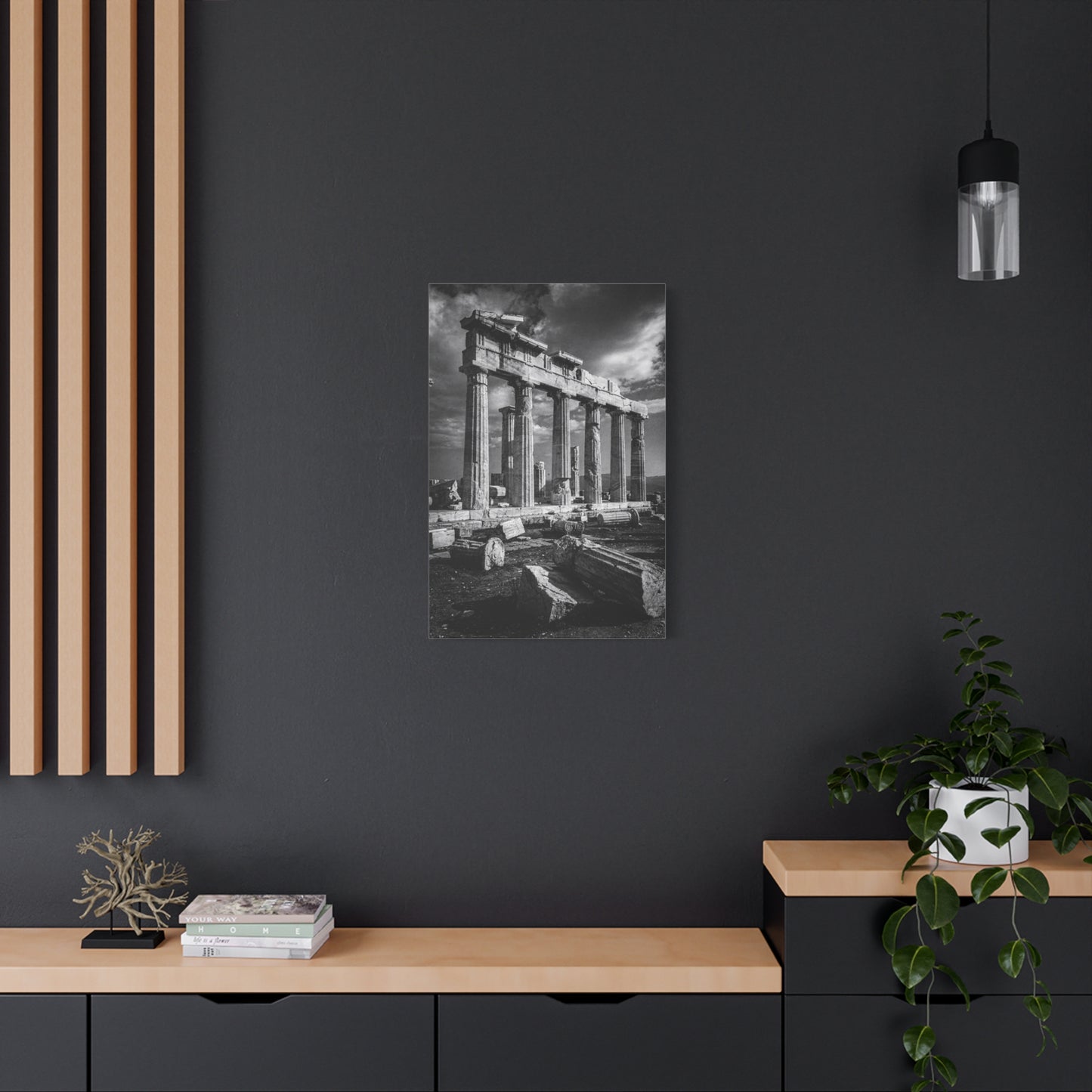 Ancient Greek Temple Ruins Canvas Wall Art - Black And White Architectural Art Print, Dramatic Sky, Vintage Classical Style - Living Room Wall Decor, Office Art Accent - Modern Farmhouse Style