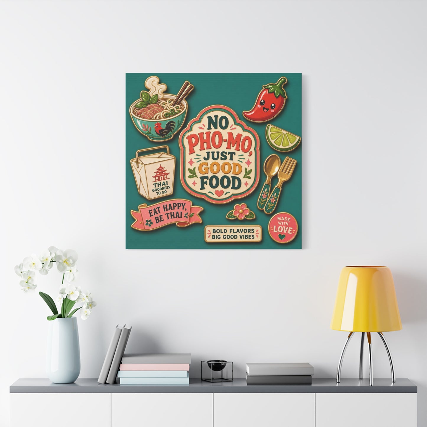 "No Pho-Mo Just Good Food" Canvas Wall Art - Thai Food Quote Kitchen Decor - Colorful Illustration Print, Retro Typography Style - Dining Room Accent, Cafe Wall Decor - Bedroom Home Decoration