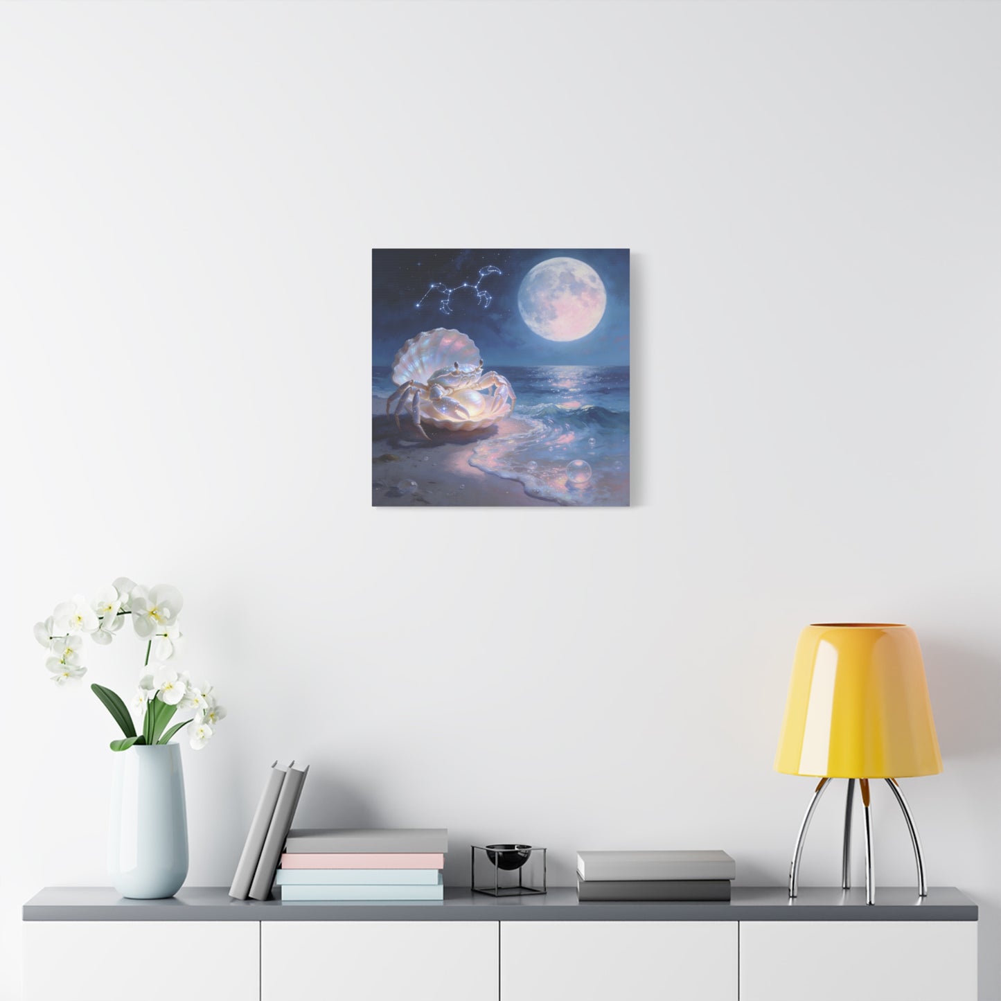 Moonlit Crab Canvas Wall Art - Zodiac Cancer Seascape, Pearl Shell Ocean Night Decor - Dreamy Coastal Illustration, capiz shells wall decor, Bedroom Home Decoration - Bedroom Home Decoration