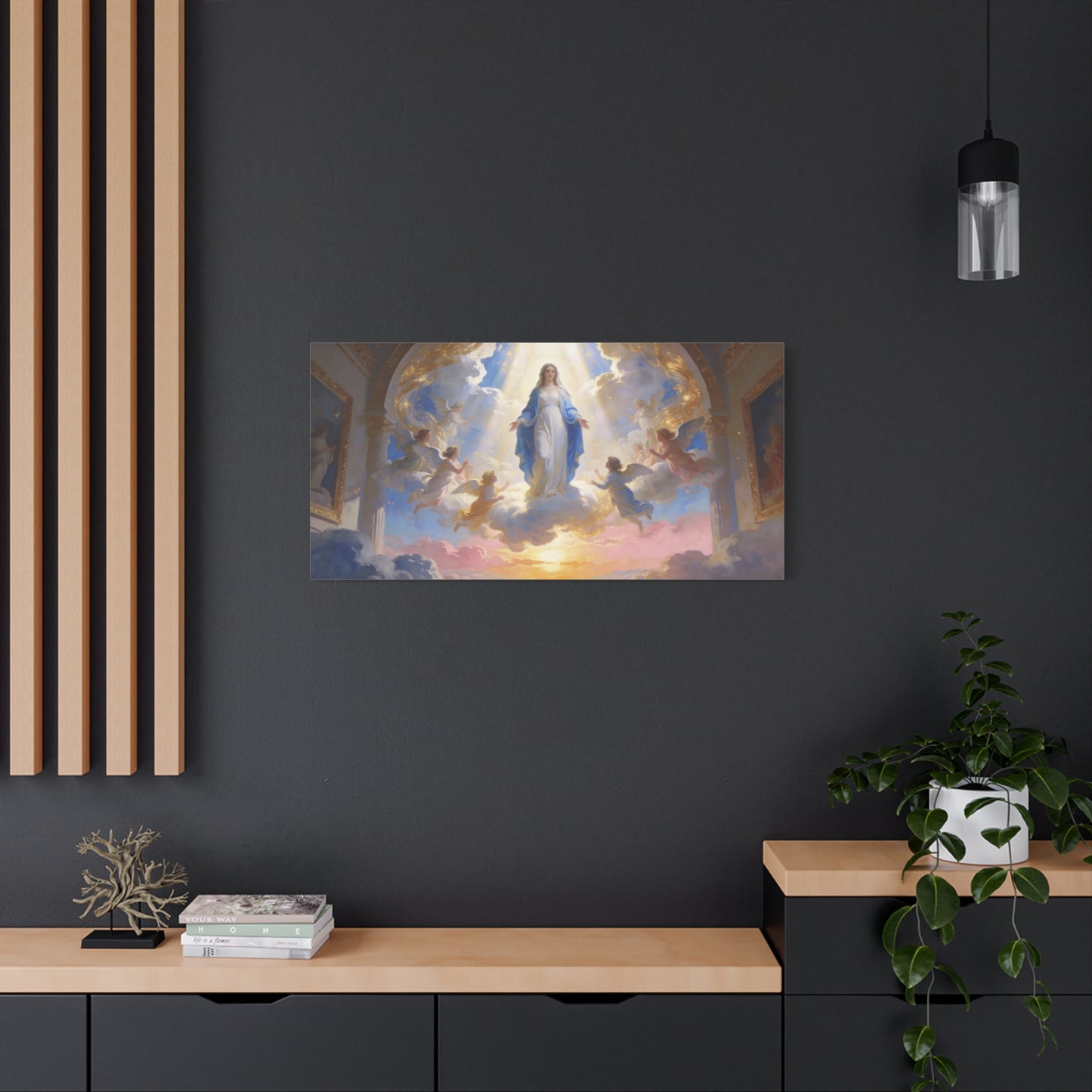 Virgin Mary Canvas Wall Art - Heavenly Religious Painting With Angels, Blue And Gold Clouds - Matte Cotton Canvas Print - Traditional Sacred Style For Bedroom Living Room Decor - Office Wall Art