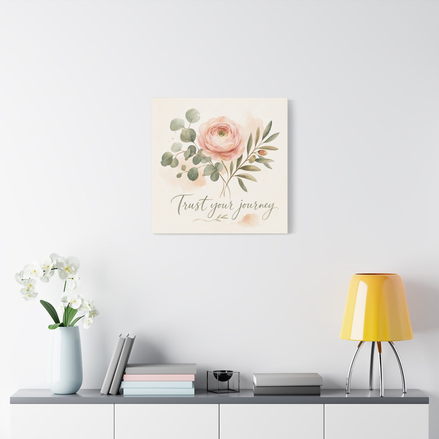 "Trust Your Journey" Floral Canvas Wall Art - Blush Rose, Eucalyptus Botanical Watercolor - Inspirational Home Decor - Bedroom Wall Hanging, Modern Farmhouse Style, Office Accent - Ready to Hang