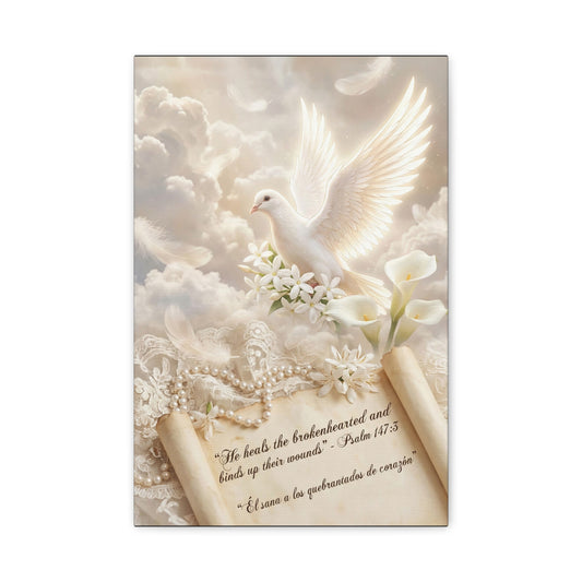 "He Heals The Brokenhearted And Binds Up Their Wounds" Dove Canvas Wall Art - Psalm 147:3 Scripture, White Lily Floral Design - Traditional Religious Decor For Bedroom - Office Wall Art