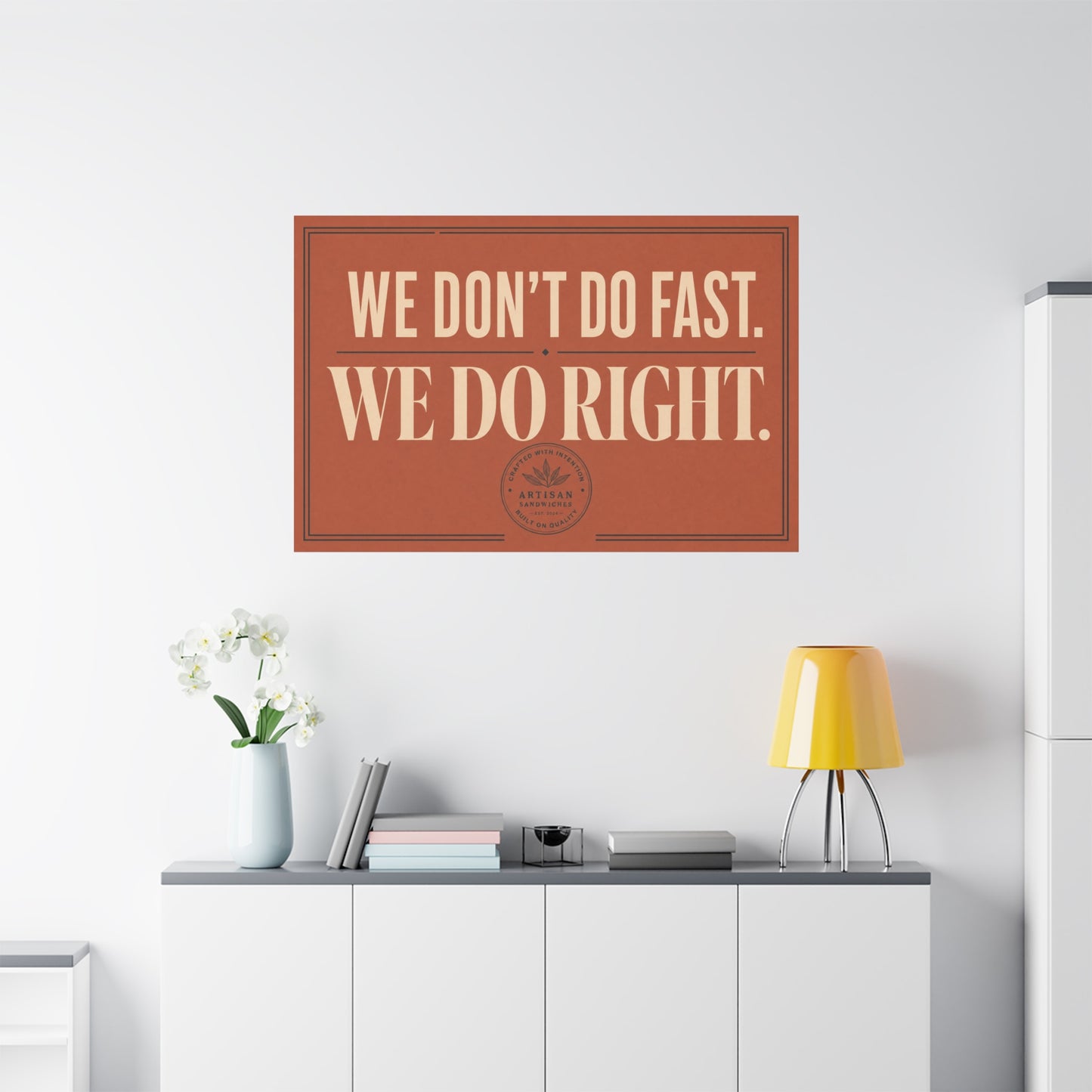 "We Don't Do Fast. We Do Right." Typography Canvas Wall Art - Vintage Restaurant Quote Decor, Rustic Wall Hanging, Artisan Sandwich Sign Style - Ready to Hang - Sandwich Shop Sign - Diner Decor