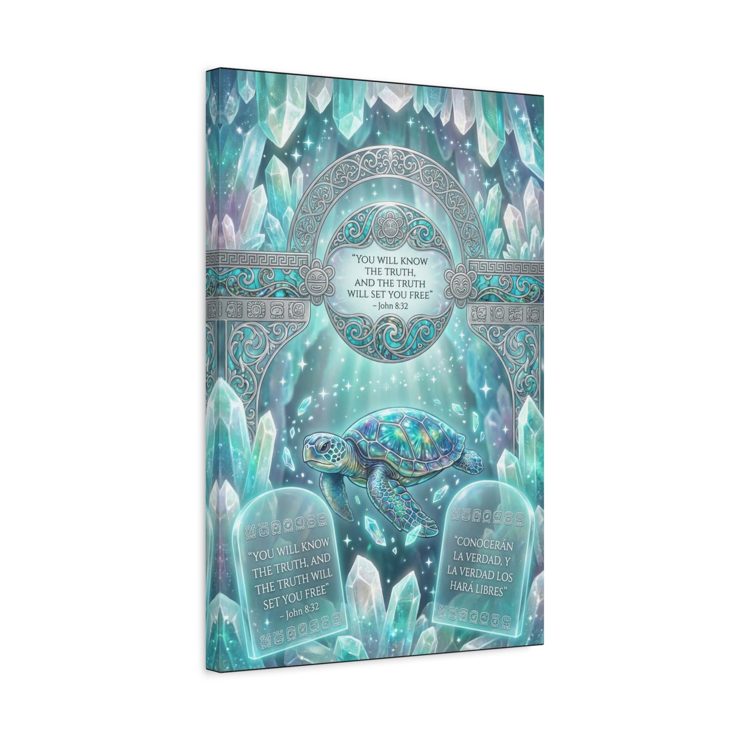 "You Will Know The Truth, And The Truth Will Set You Free" Sea Turtle Canvas Wall Art - John 8:32 Scripture Decor, Crystal Ocean Fantasy Style, Bedroom Wall Hanging, Meditation Space - Ready to Hang
