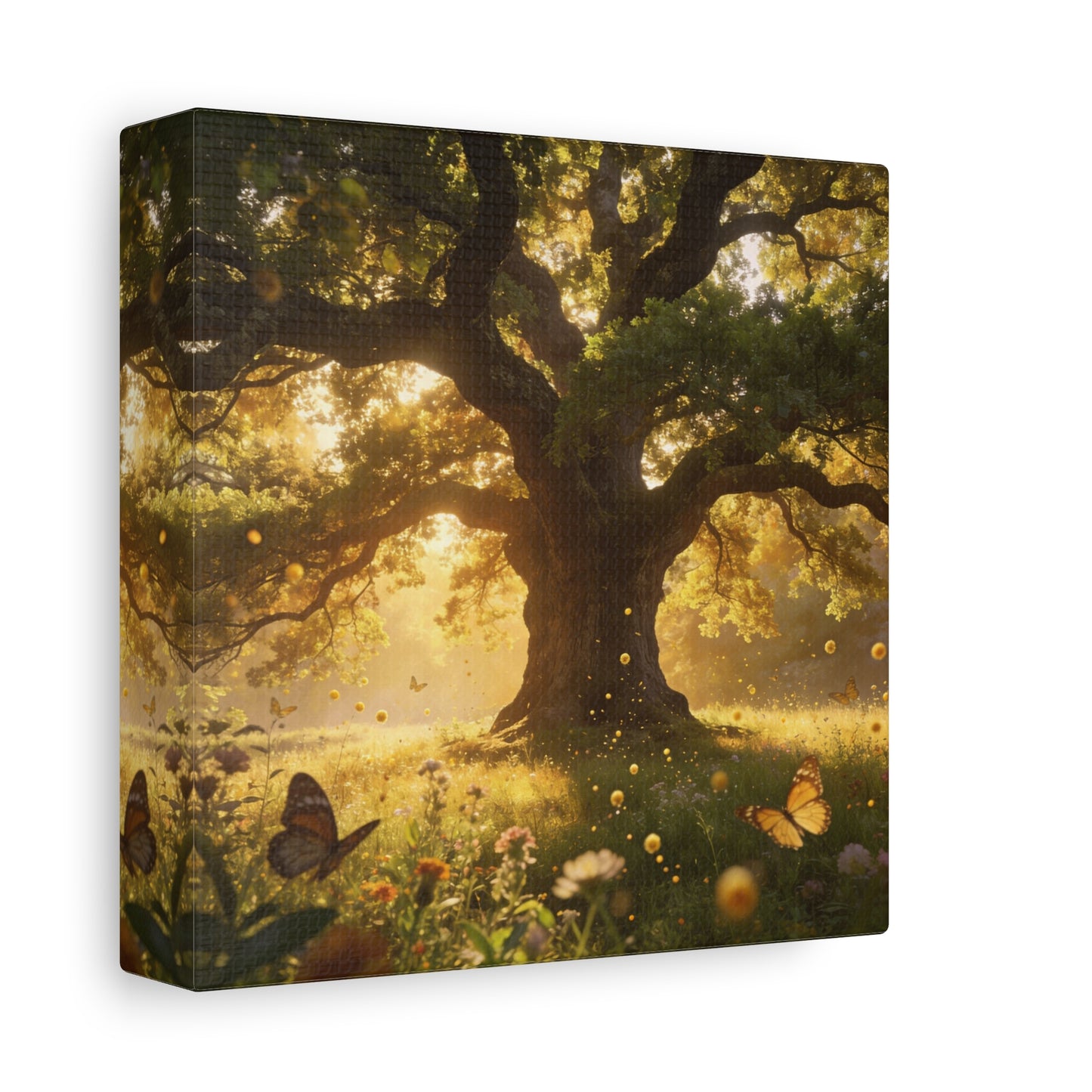 Sunlit Oak Tree Canvas Wall Art - Golden Meadow Butterflies, Nature Landscape Print - Matte Cotton Art Print, Traditional Style - Living Room Wall Decor, Bedroom Home Decoration - Ready to Hang