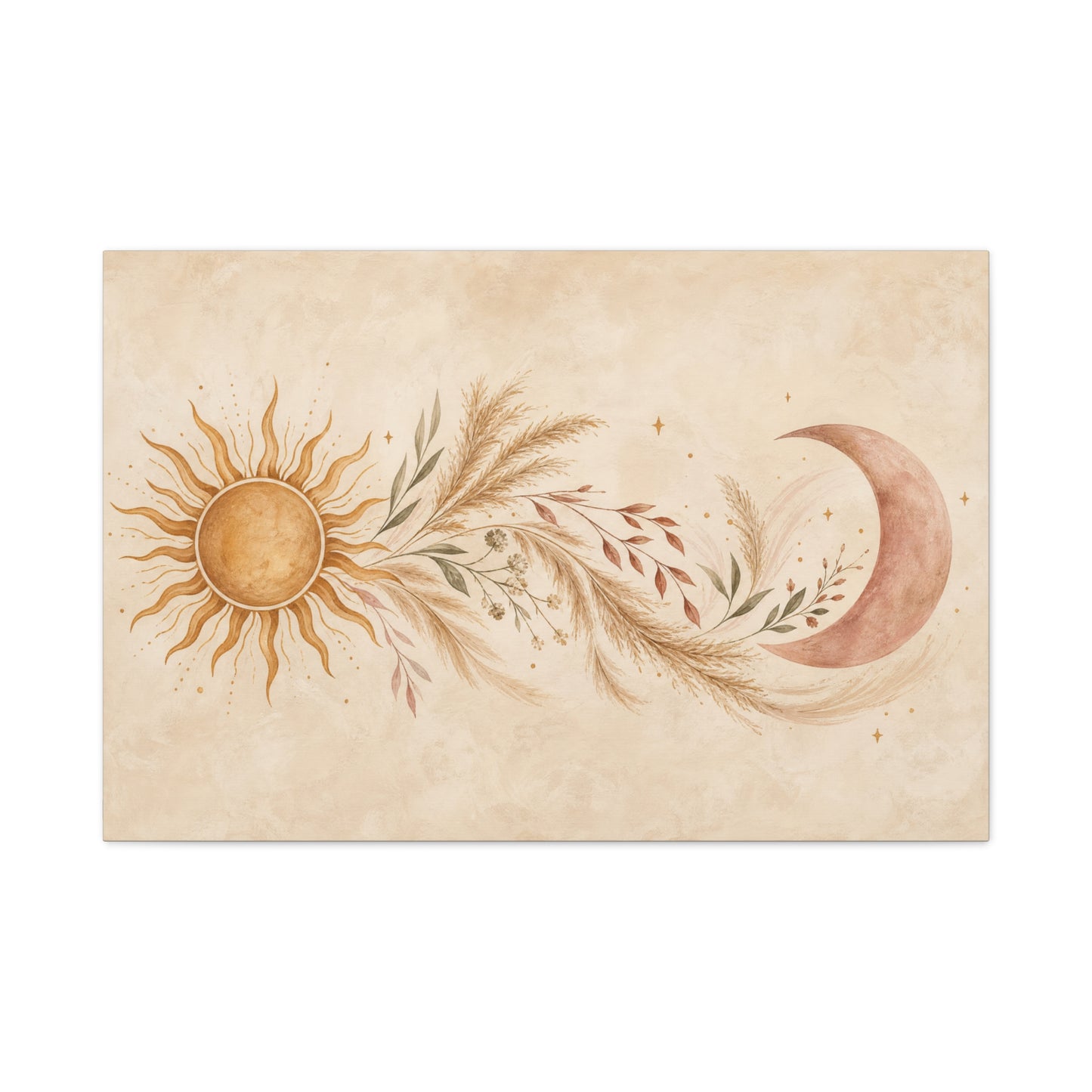 Boho Sun And Moon Canvas Wall Art - Celestial Botanical Pampas Grass Print - Neutral Beige Terracotta Modern Bohemian Decor - Bedroom Living Room Wall Decor - Meditation Space Accent - Ready to Hang