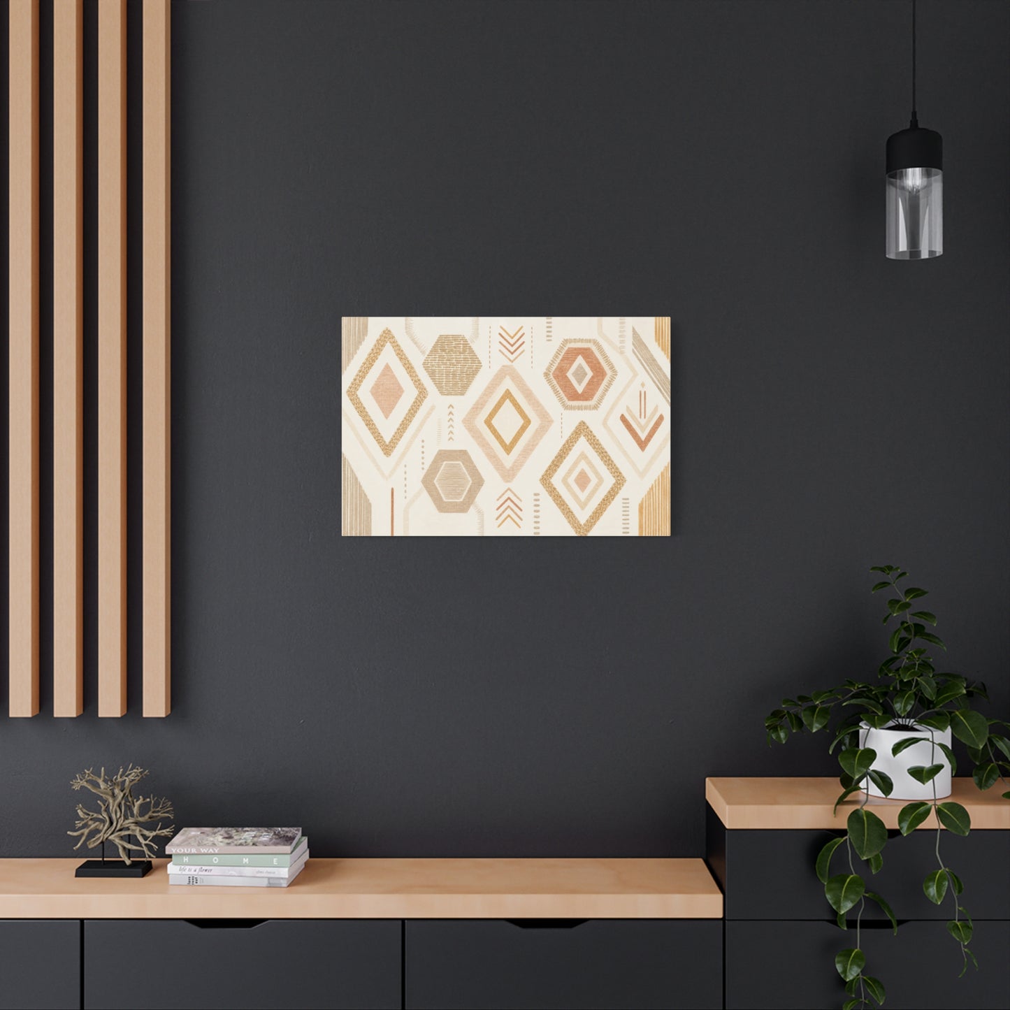 Neutral Geometric Canvas Wall Art - Boho Diamond And Hexagon Abstract Pattern - Beige Terracotta Modern Decor - Minimalist Living Room Decoration, Bedroom Accent, Contemporary Office Style