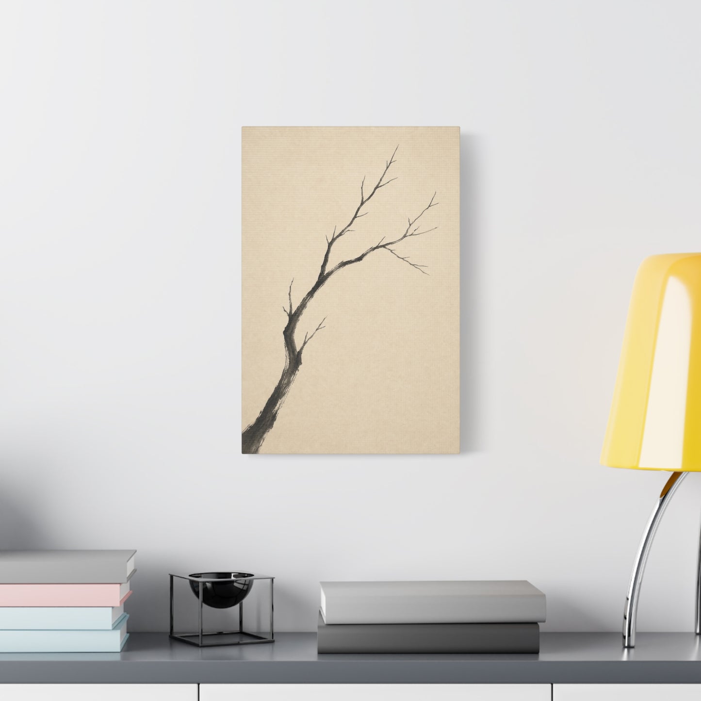 Minimalist Bare Tree Branch Canvas Wall Art - Neutral Ink Wash Botanical Print - Japanese Zen Style - Beige Black Contemporary Wall Decor For Bedroom Living Room Office Entryway - Ready to Hang