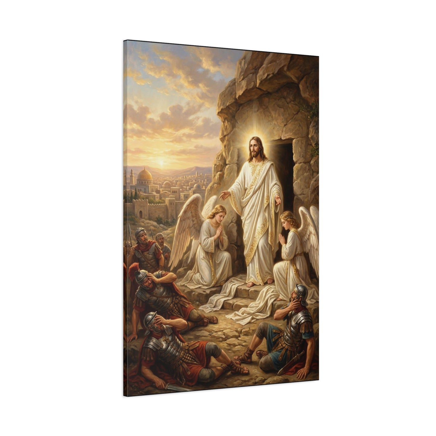 Jesus Christ Resurrection Canvas Wall Art - Empty Tomb, Angels, Roman Soldiers - Traditional Religious Print, Golden Dawn Scene - Living Room Wall Decor, Bedroom Home Decoration - Ready to Hang