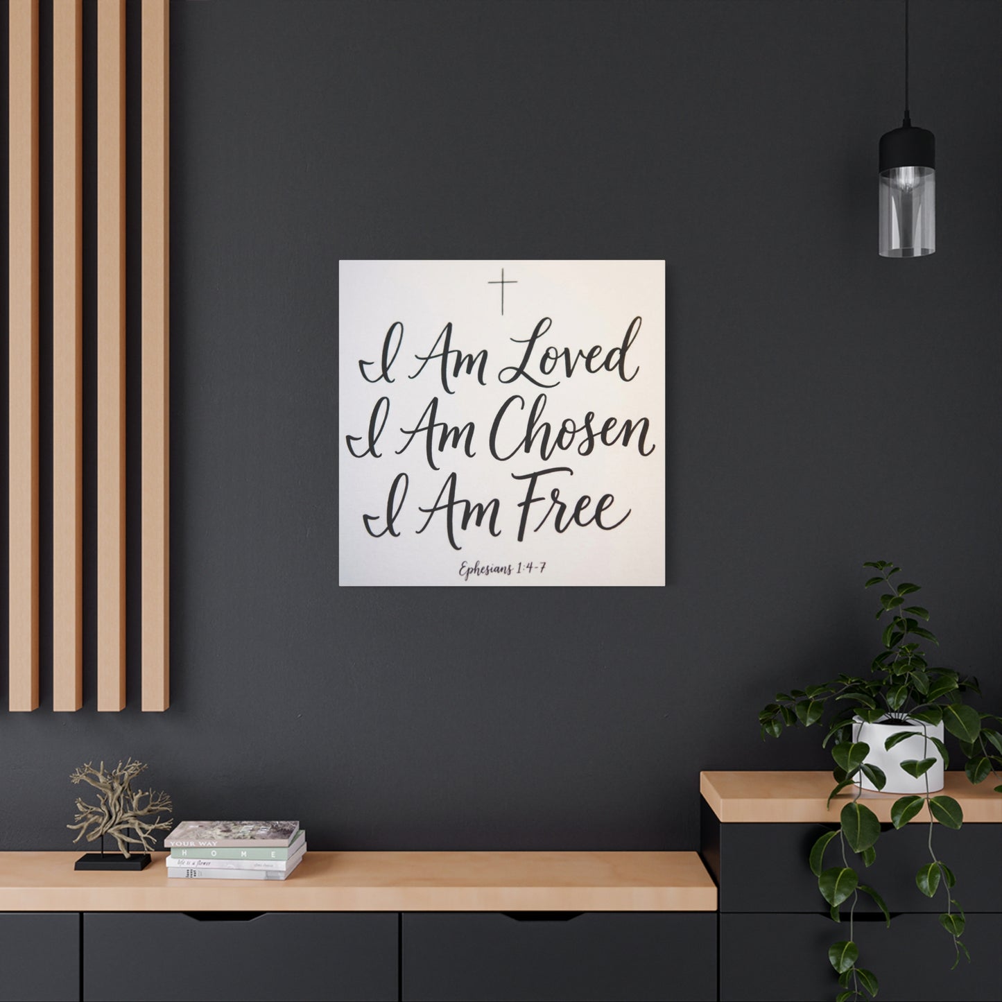 "I Am Loved, Chosen, Free" Christian Canvas Wall Art - Ephesians 1:4-7 Scripture Cross Print - Neutral Typography Decor - Bedroom Home Decoration, Living Room Wall Decor - Ready to Hang