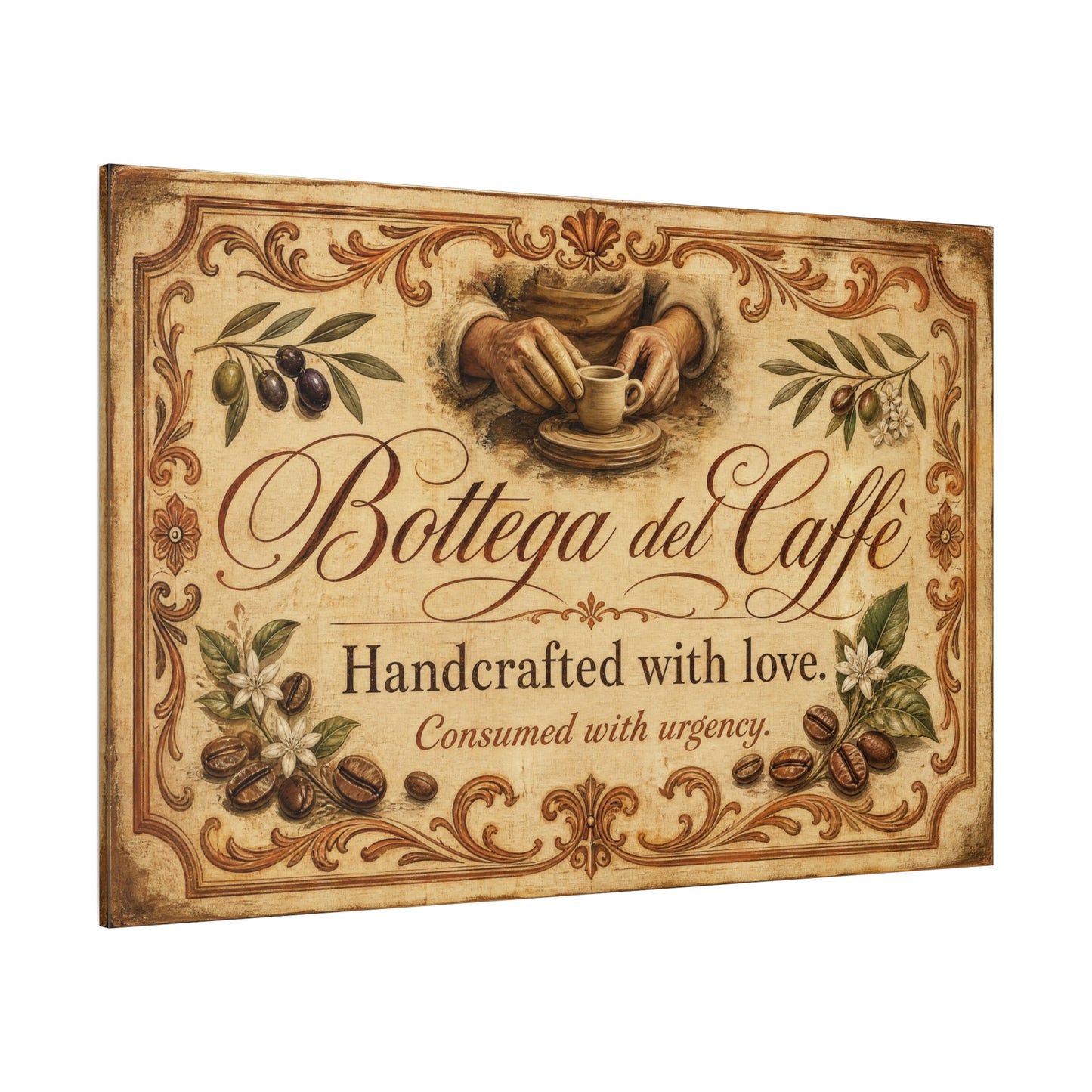 "Bottega del Caffe" Canvas Wall Art - Vintage Italian Coffee Quote Print, Olive Branches, Beans, Rustic Farmhouse Decor, Cafe Wall Hanging - Modern Farmhouse Style - Coffee Shop Decor - Ready to Hang