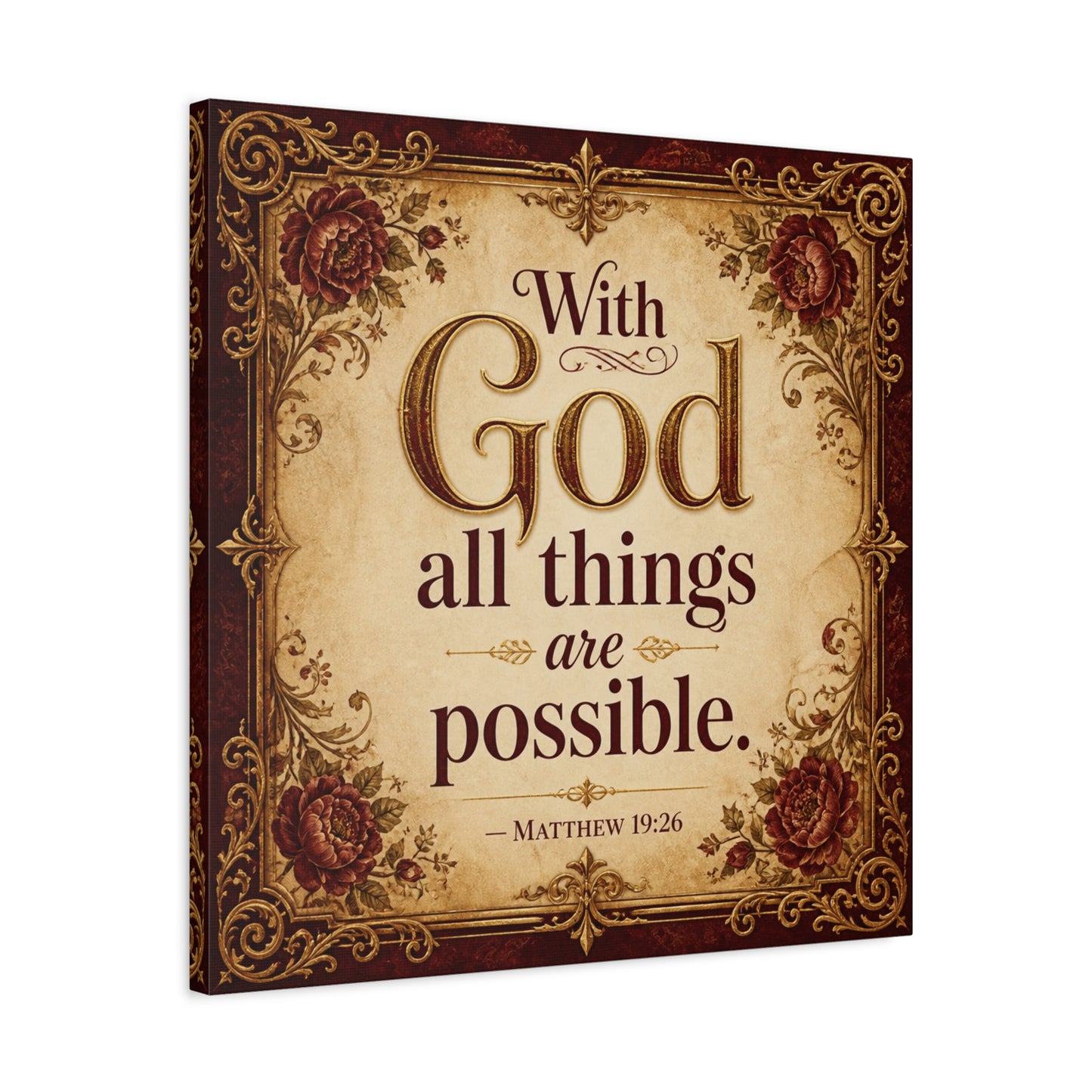 "With God All Things Are Possible. - Matthew 19:26" Christian Canvas Wall Art - Vintage Floral Scripture Print, Traditional Inspirational Decor, Living Room Bedroom Wall Hanging - Ready to Hang