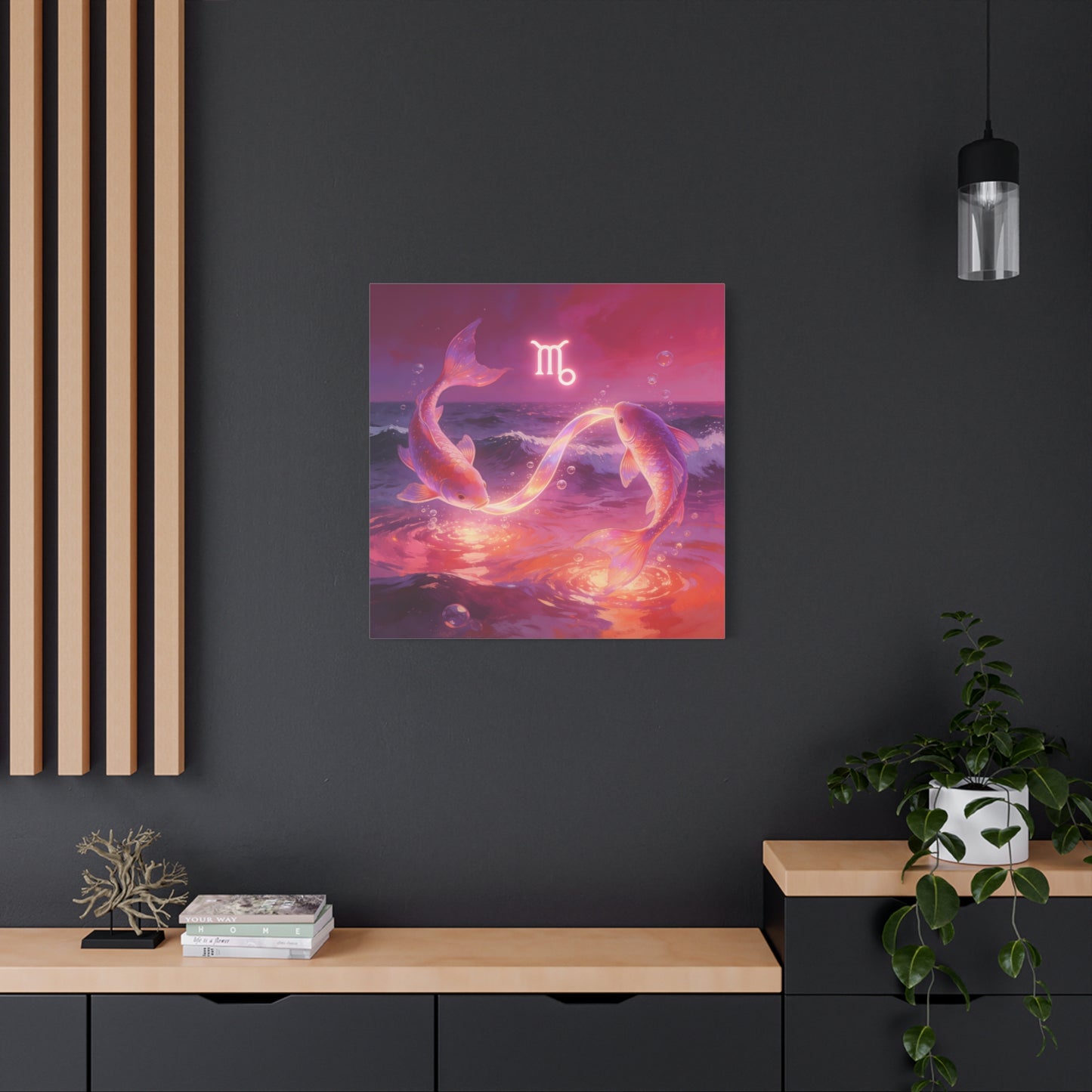Scorpio Zodiac Canvas Wall Art - Glowing Koi Fish Ocean Illustration, Pink Purple Celestial Water Scene - Modern Fantasy Decor - Bedroom Home Decoration, Living Room Accent - Living Room Wall Decor