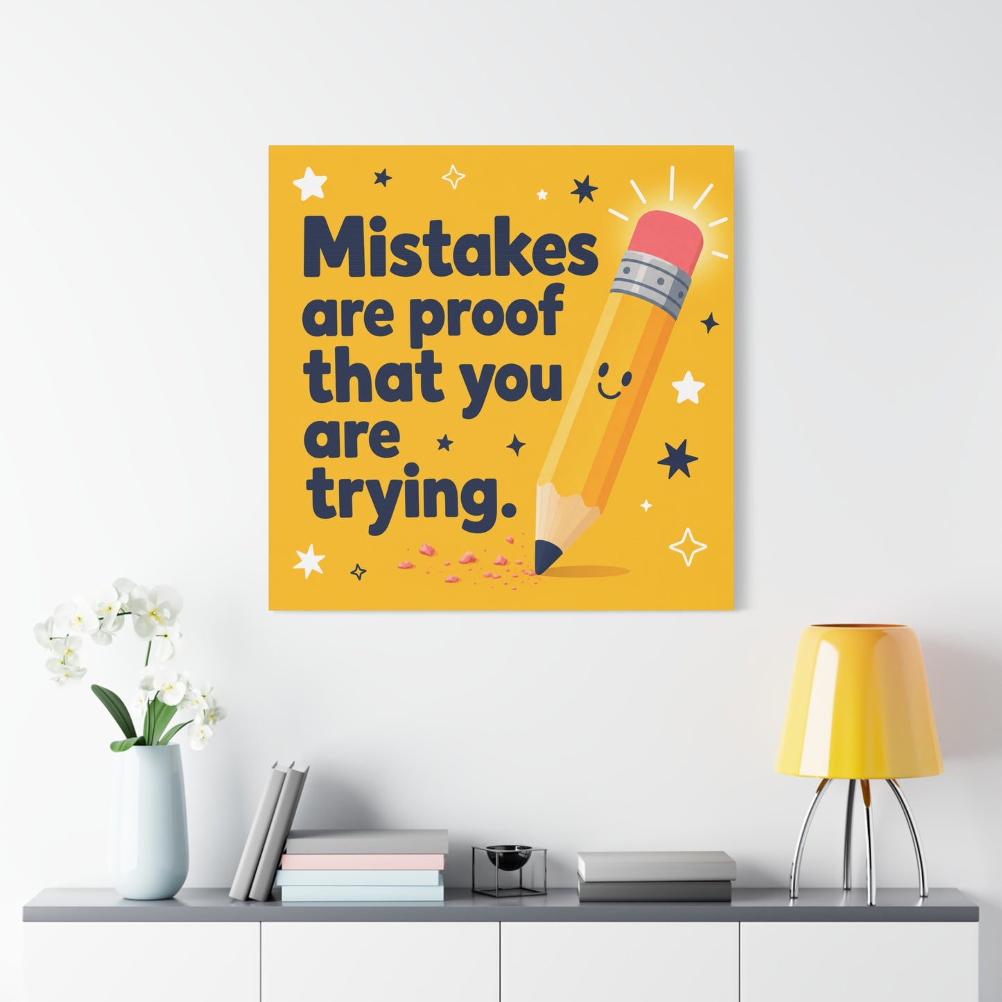 "Mistakes Are Proof That You Are Trying." Inspirational Canvas Wall Art - Yellow Pencil Quote Print, Classroom Decor, Teacher Office Motivation, Kids Study Room Decoration, Typography Poster