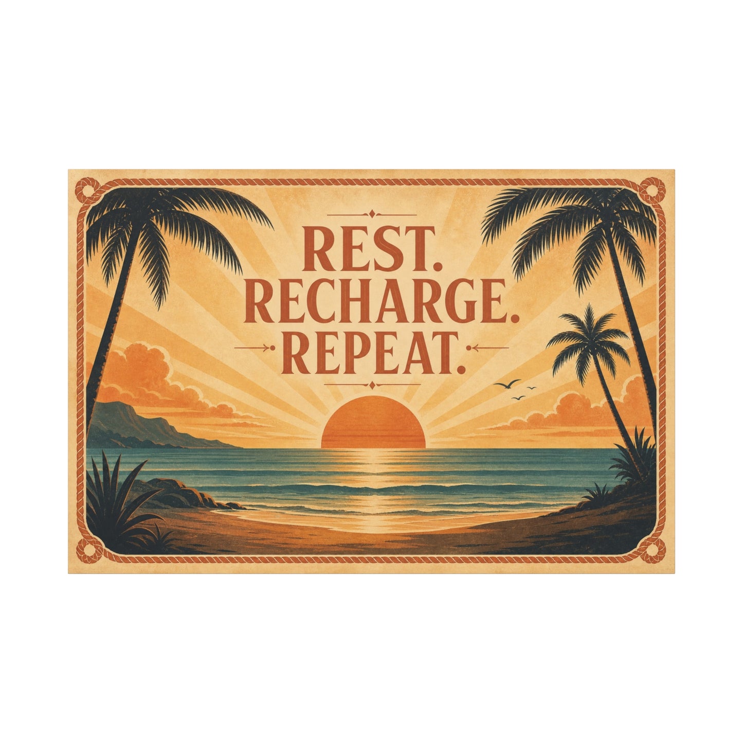 "Rest. Recharge. Repeat." Tropical Beach Sunset Canvas Wall Art - Vintage Coastal Typography, Retro Palm Tree Ocean Scene, Living Room Wall Decor, Bedroom Home Decoration - Bedroom Home Decoration