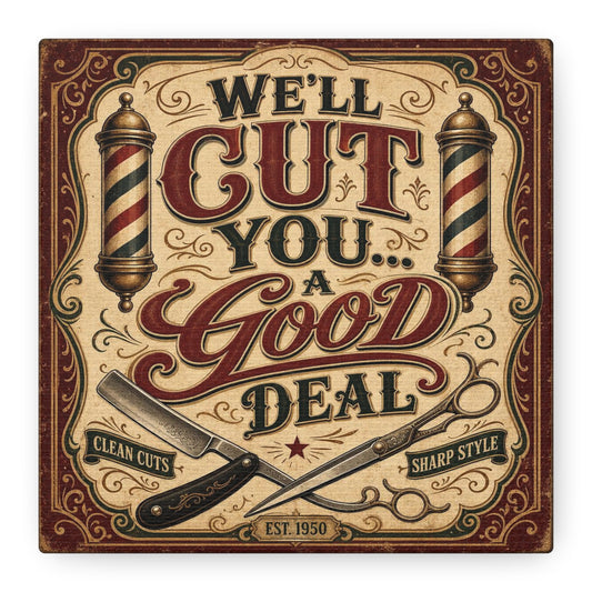 "We'll Cut You... A Great Deal" Barber Shop Canvas Wall Art - Vintage Typography Sign, Straight Razor And Scissors Illustration - Rustic Traditional Style - Barbershop Wall Decor, Salon Lobby Accent