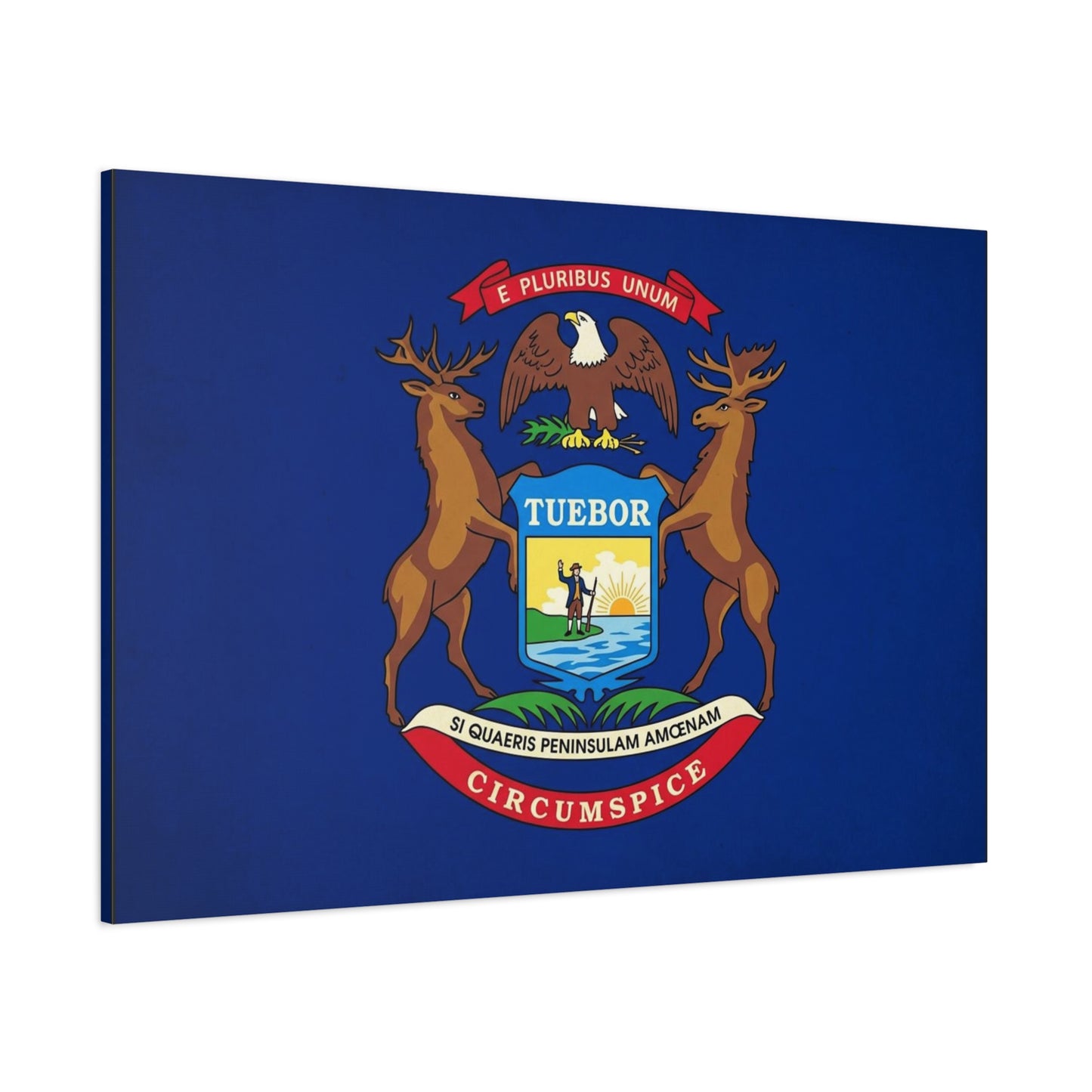 "E Pluribus Unum" Michigan State Flag Canvas Wall Art - Blue Crest With Elk Eagle And "Tuebor" - Vintage Heraldic Decor, Living Room Wall Decor, Office Art - Bedroom Home Decoration - Ready to Hang