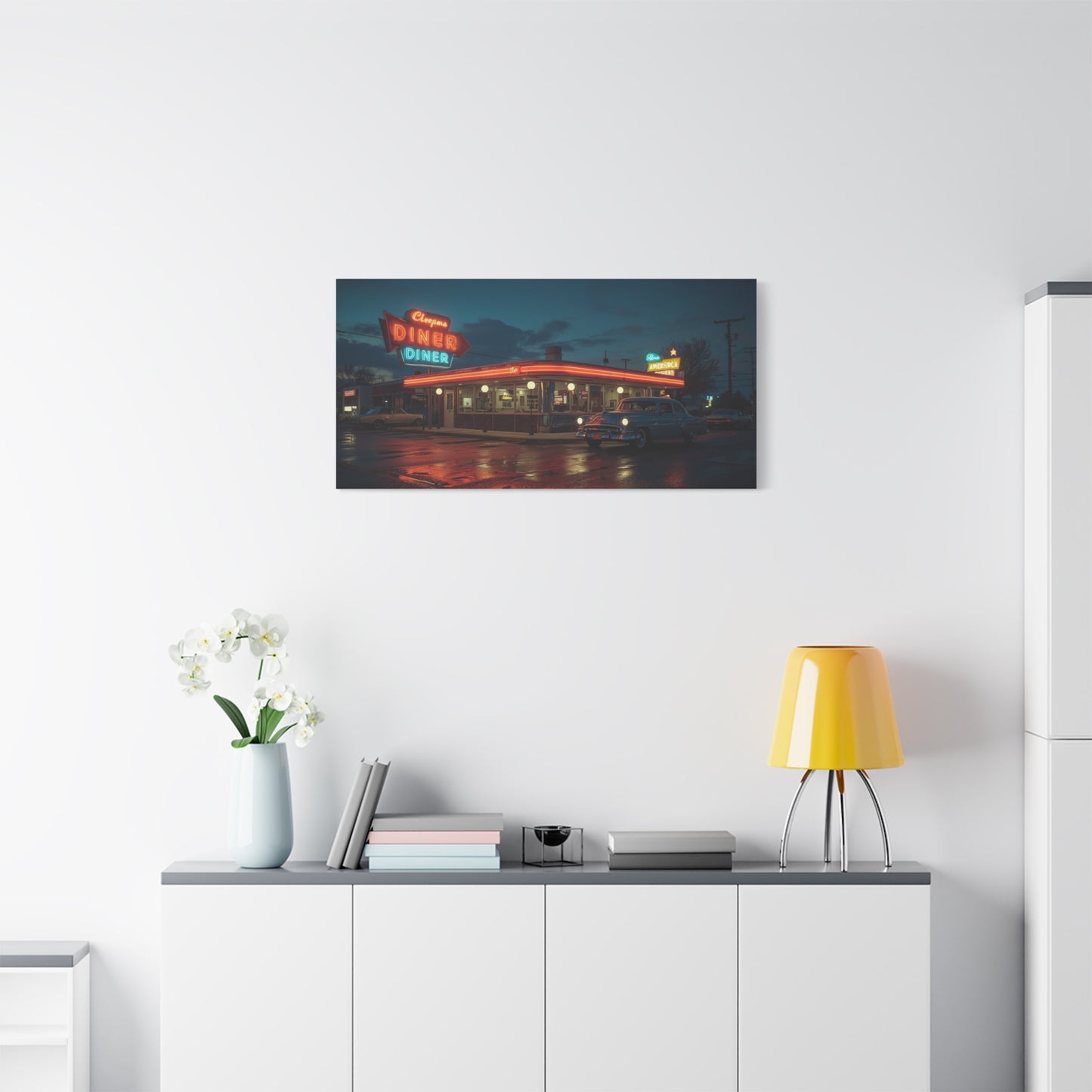 Neon Diner Canvas Wall Art - Retro American Diner Night Scene, Vintage Car Art Print - Moody Blue Glow, Contemporary Style - Living Room Wall Decor, Office Art - Bedroom Home Decoration