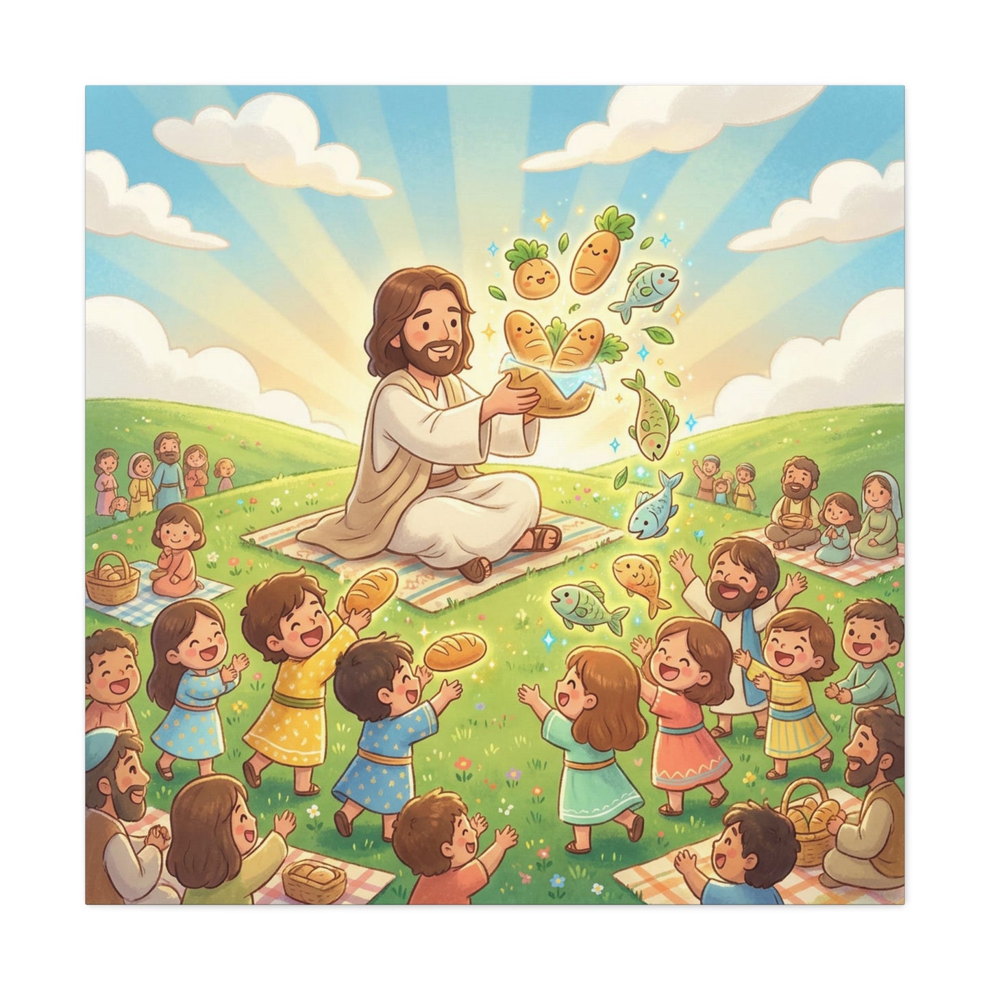 Jesus Feeding Multitude Canvas Wall Art - Loaves And Fish Bible Scene, Christian Nursery Decor - Matte Cotton Print, Kids Room Wall Decor, Sunday School Classroom - Bedroom Home Decoration