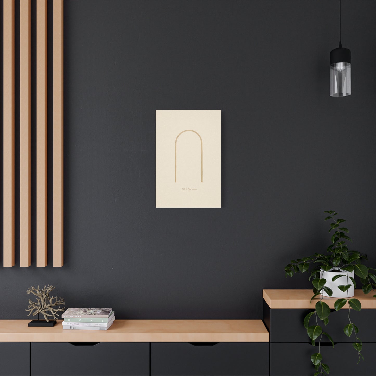 "All Is Welcome" Minimalist Arch Canvas Wall Art - Neutral Beige Line Print, Contemporary Typography Decor - Calming Bedroom Home Decoration, Living Room Wall Decor - Ready to Hang - Ready to Hang