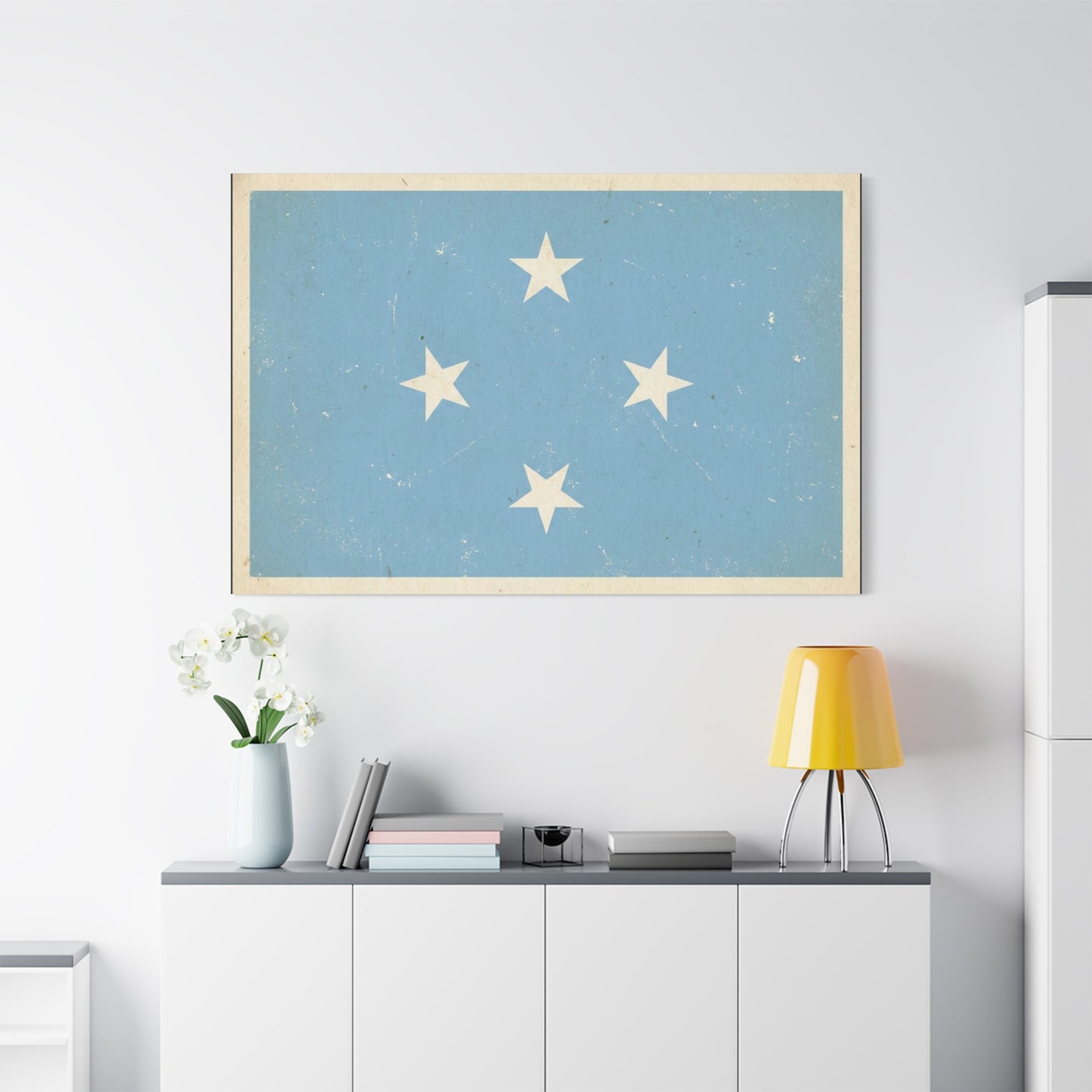 Micronesia Flag Canvas Wall Art - Vintage Blue Four White Stars Print - Distressed Patriotic Island Decor - Coastal Style Living Room Wall Decor, Bedroom Home Decoration - Bedroom Home Decoration