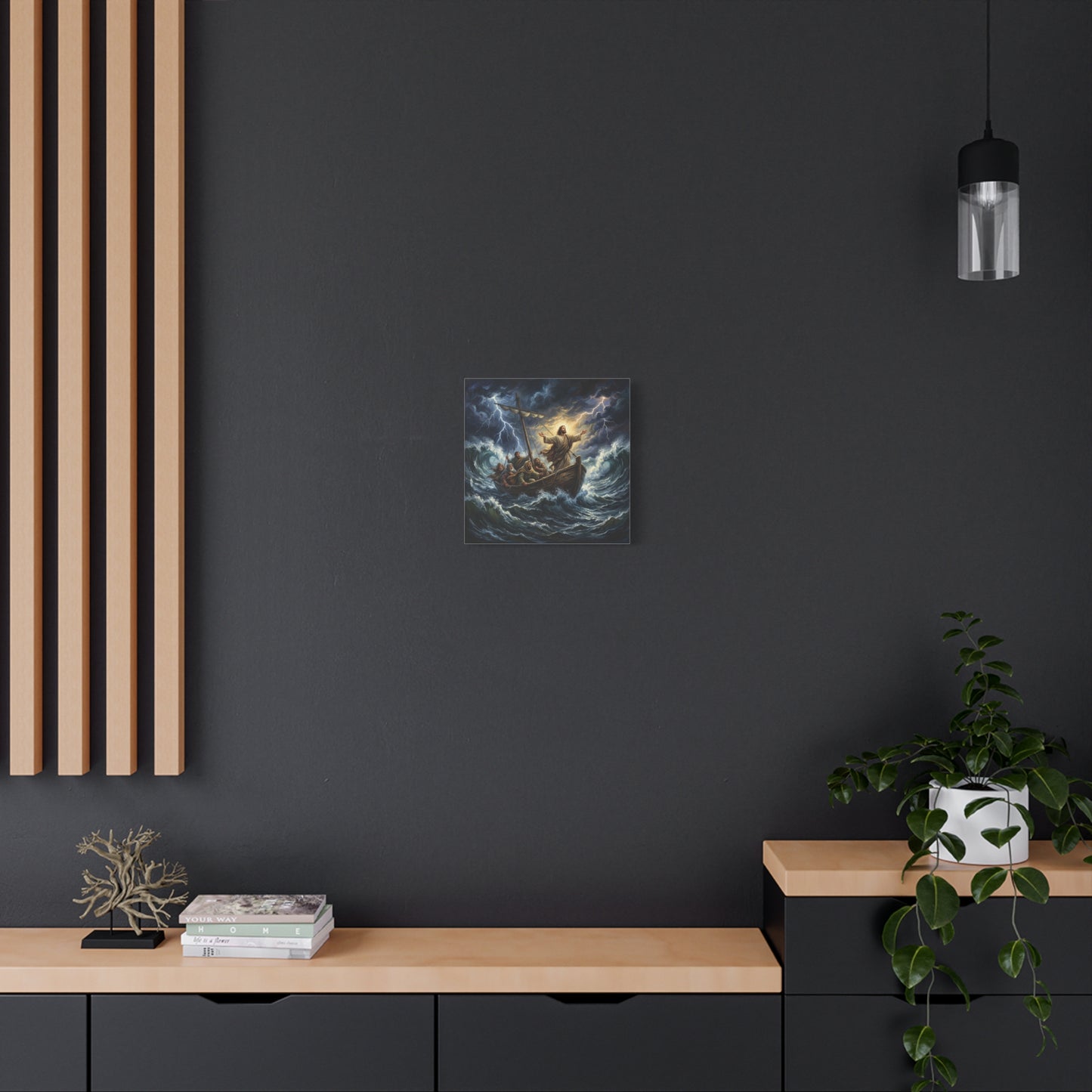 Jesus Calming The Storm Canvas Wall Art - Bible Boat Sea Scene, Dramatic Lightning Waves - Cotton Matte Print - Traditional Religious Decor For Living Room Office Bedroom - Living Room Wall Decor