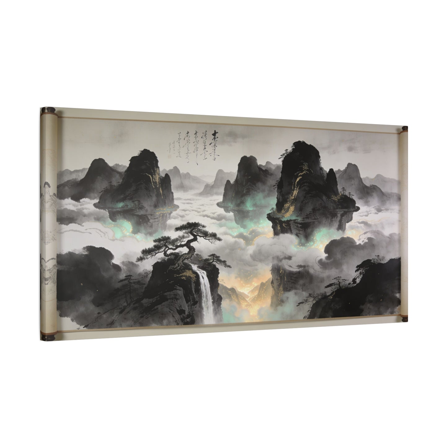Chinese Ink Landscape Canvas Wall Art - Misty Mountain Scroll Painting, Cloud Sea Waterfall, Calligraphy Detail - Contemporary Zen Style - Living Room Wall Decor, Bedroom Home Accent - Ready to Hang