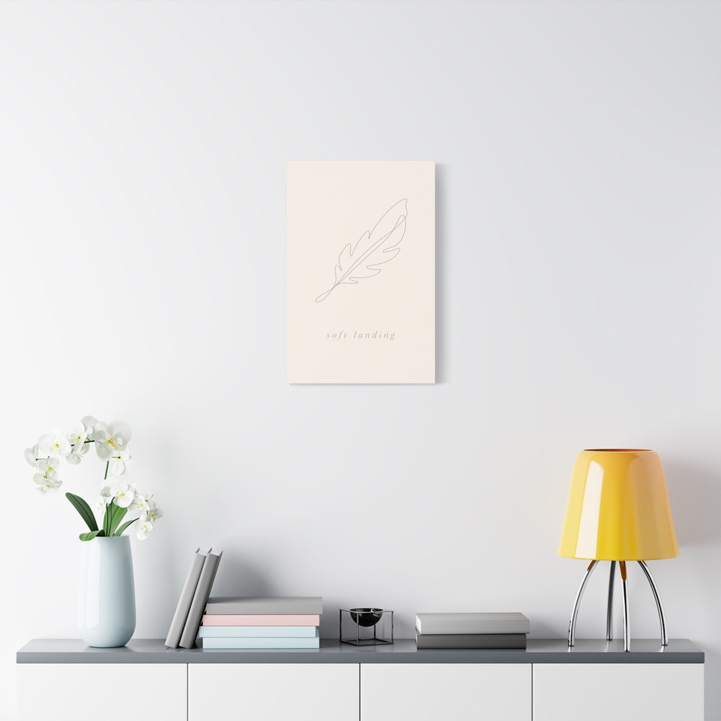 "Soft Landing" Feather Canvas Wall Art - Minimalist Line Drawing, Neutral Beige Cotton Print - Contemporary Bedroom Wall Decor, Nursery Home Decoration, Calming Office Accent - Bedroom Home Decoration