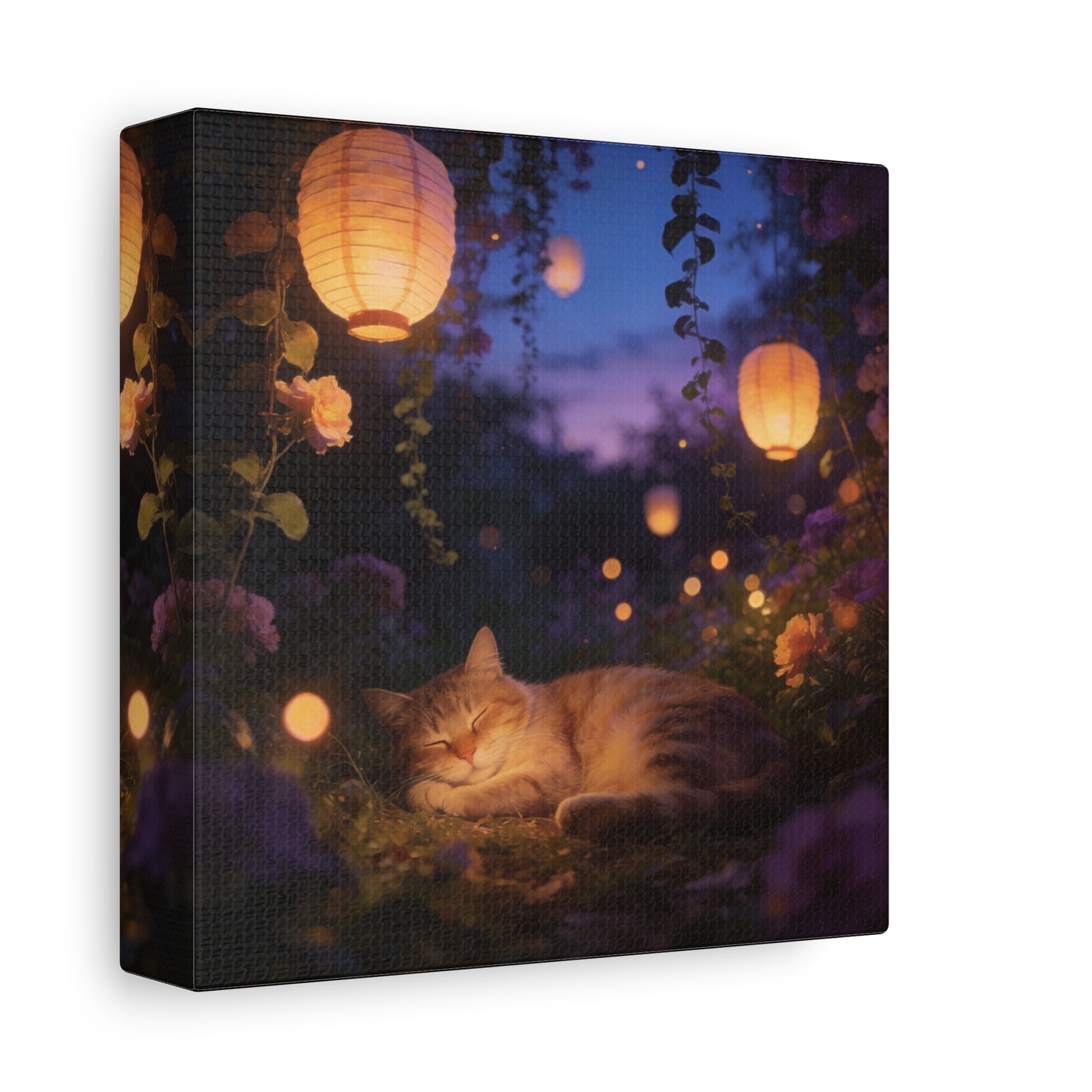 Sleeping Cat Canvas Wall Art - Lantern Lit Garden Night Scene, Dreamy Floral Canvas Print - Calming Cottagecore Style, Bedroom Wall Decor, Living Room Home Decoration - Bedroom Home Decoration