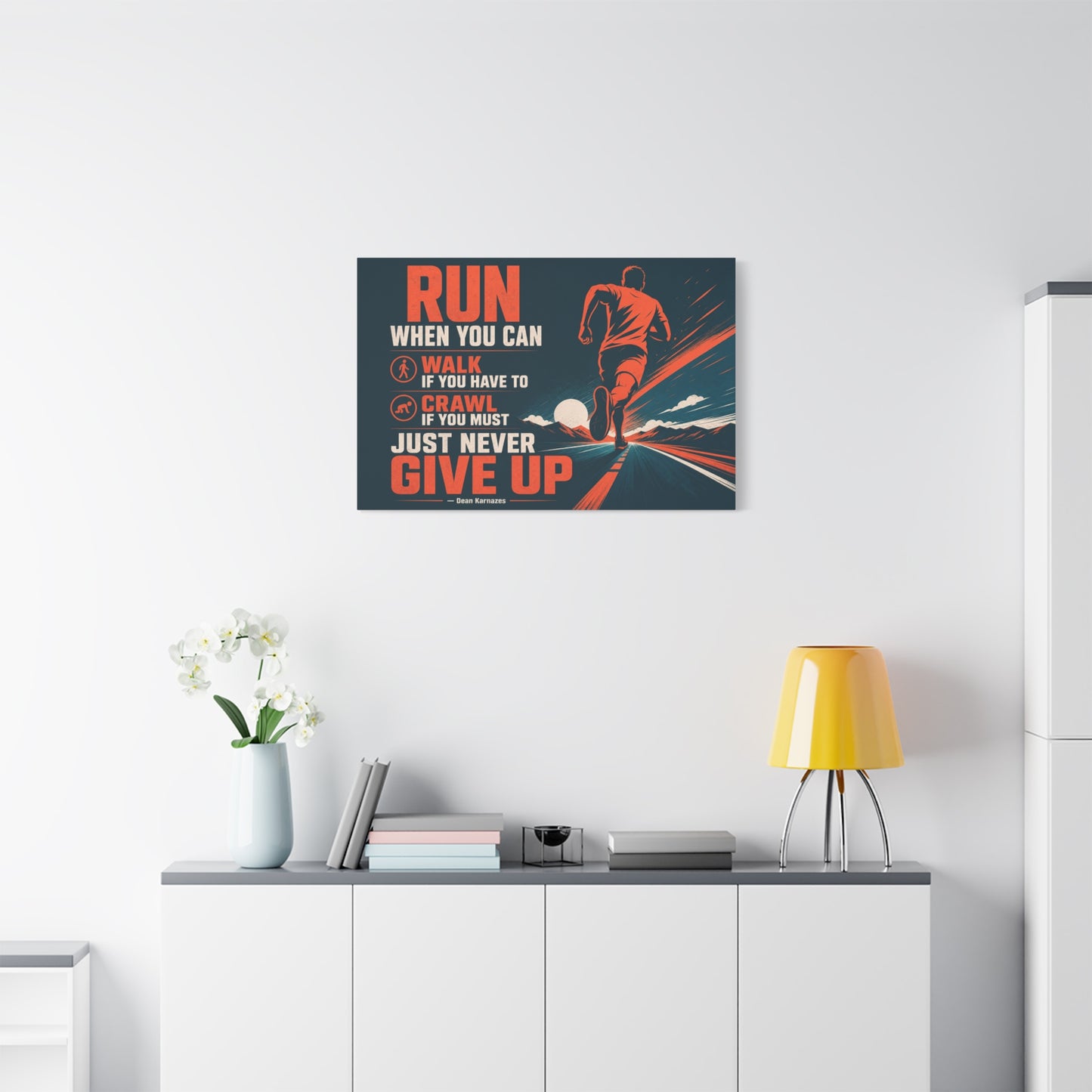 "Run When Able Walk If Needed Crawl If Required Just Never Give Up" Motivational Canvas Wall Art - Runner Road Quote Print, Retro Typography, Gym Wall Hanging - Ready to Hang - Fitness Studio Art