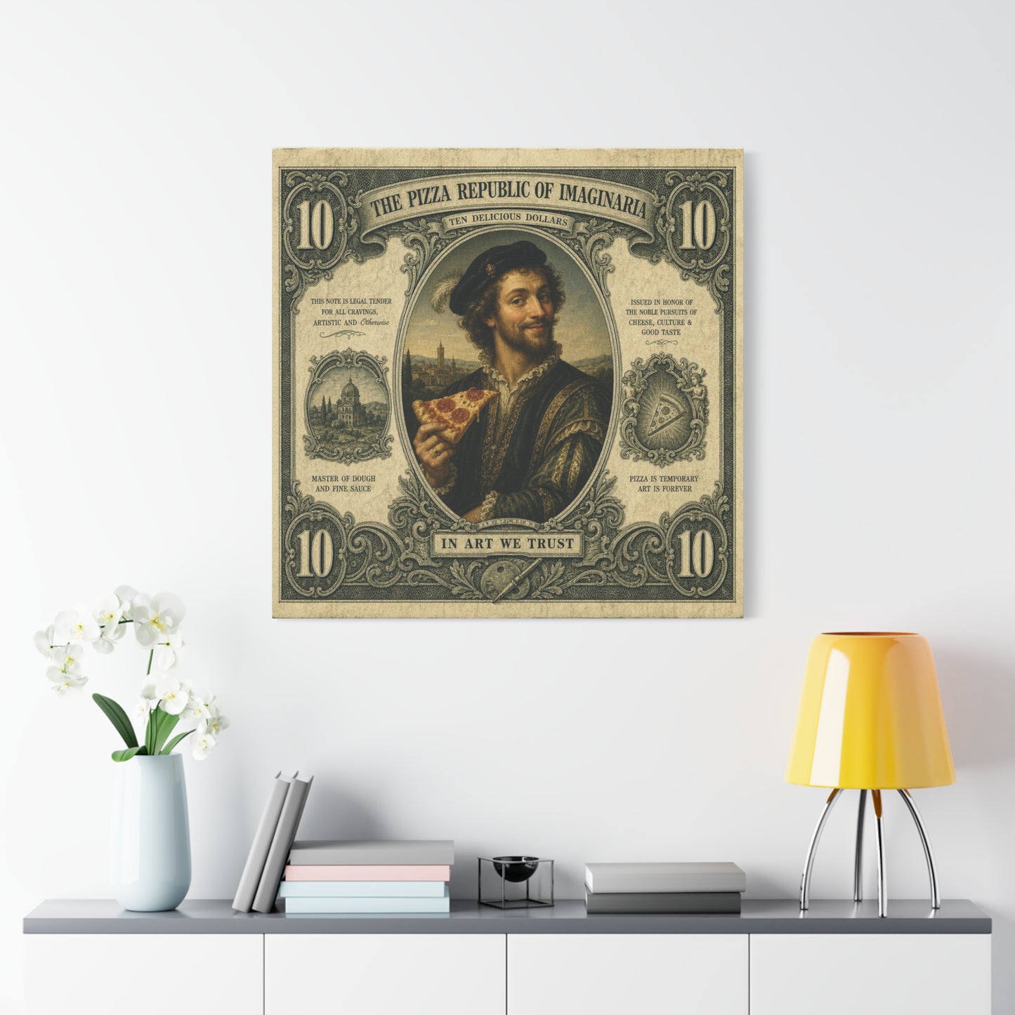 "The Pizza Republic Of Imaginaria" Canvas Wall Art - Vintage Typography Portrait Print, Renaissance Pizza Note Design, Eclectic Office Wall Decor, Cafe Wall Art, Humor Canvas - Reception Area Decor
