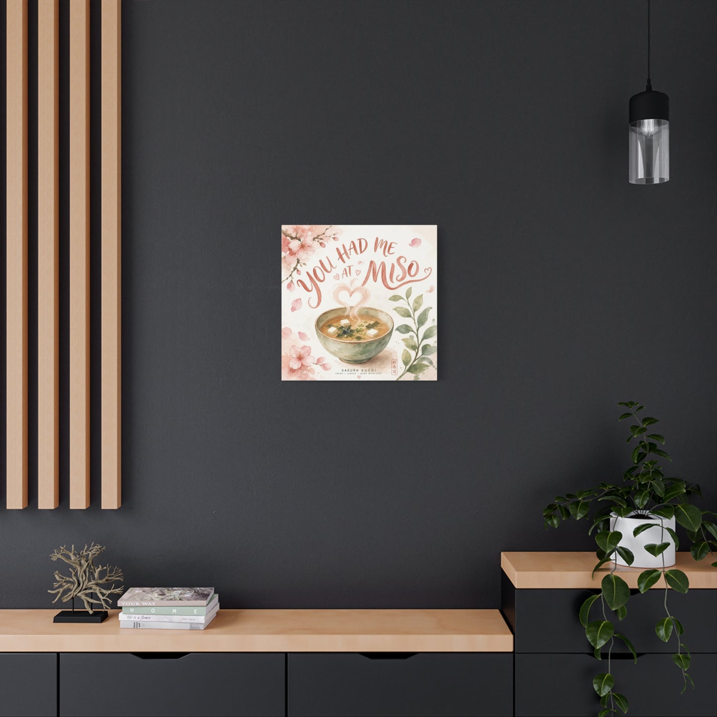 "You Had Me At Miso" Canvas Wall Art - Watercolor Soup Bowl, Cherry Blossom Typography - Japanese Food Illustration, Pink Botanical Style - Kitchen Wall Decor, Dining Room Accent - Ready to Hang