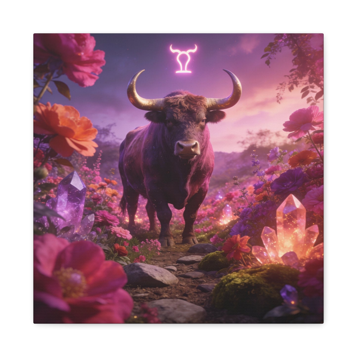 Taurus Zodiac Bull Canvas Wall Art - Neon Taurus Symbol, Floral Crystal Fantasy Print - Dreamy Purple Pink Celestial Decor - Bedroom Home Decoration, Bohemian Living Room Accent - Office Wall Art