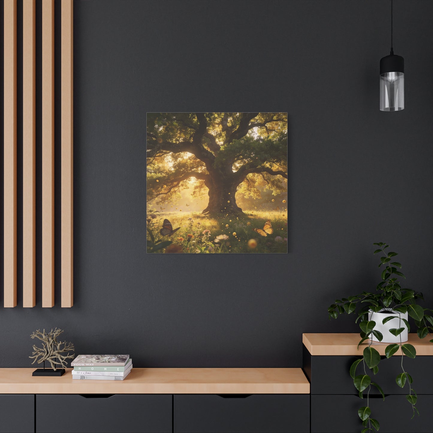 Sunlit Oak Tree Canvas Wall Art - Golden Meadow Butterflies, Nature Landscape Print - Matte Cotton Art Print, Traditional Style - Living Room Wall Decor, Bedroom Home Decoration - Ready to Hang
