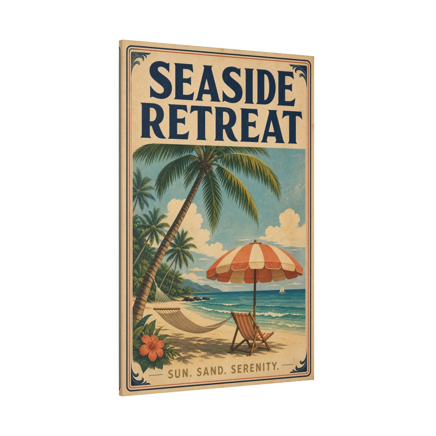 "Seaside Retreat" Tropical Beach Canvas Wall Art - Vintage Coastal Palm Tree Hammock Poster Print, Sun Sand Serenity Typography, Retro Ocean Decor For Bedroom Living Room - Living Room Wall Decor