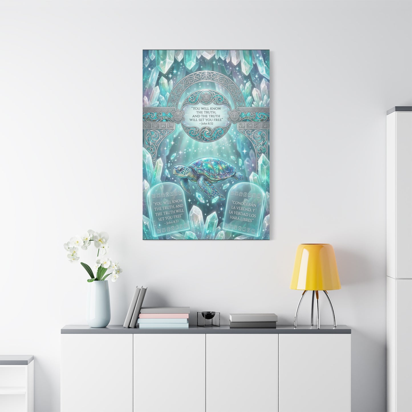 "You Will Know The Truth, And The Truth Will Set You Free" Sea Turtle Canvas Wall Art - John 8:32 Scripture Decor, Crystal Ocean Fantasy Style, Bedroom Wall Hanging, Meditation Space - Ready to Hang