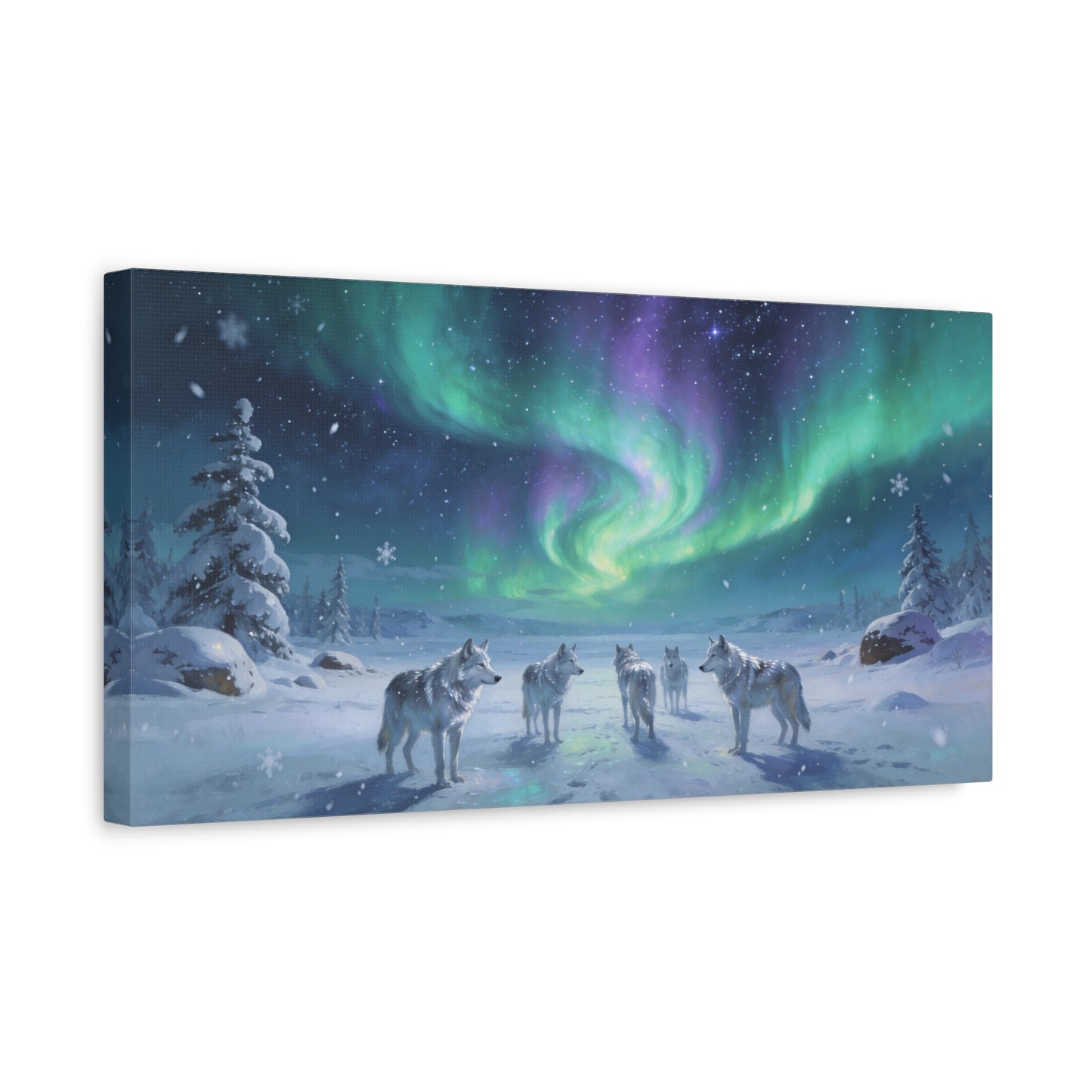 Arctic Wolf Pack Canvas Wall Art - Aurora Borealis Snowy Winter Landscape, Northern Lights Canvas Print, Blue Green Purple Sky, Living Room Wall Decor, Bedroom Home Decoration - Modern Farmhouse Style