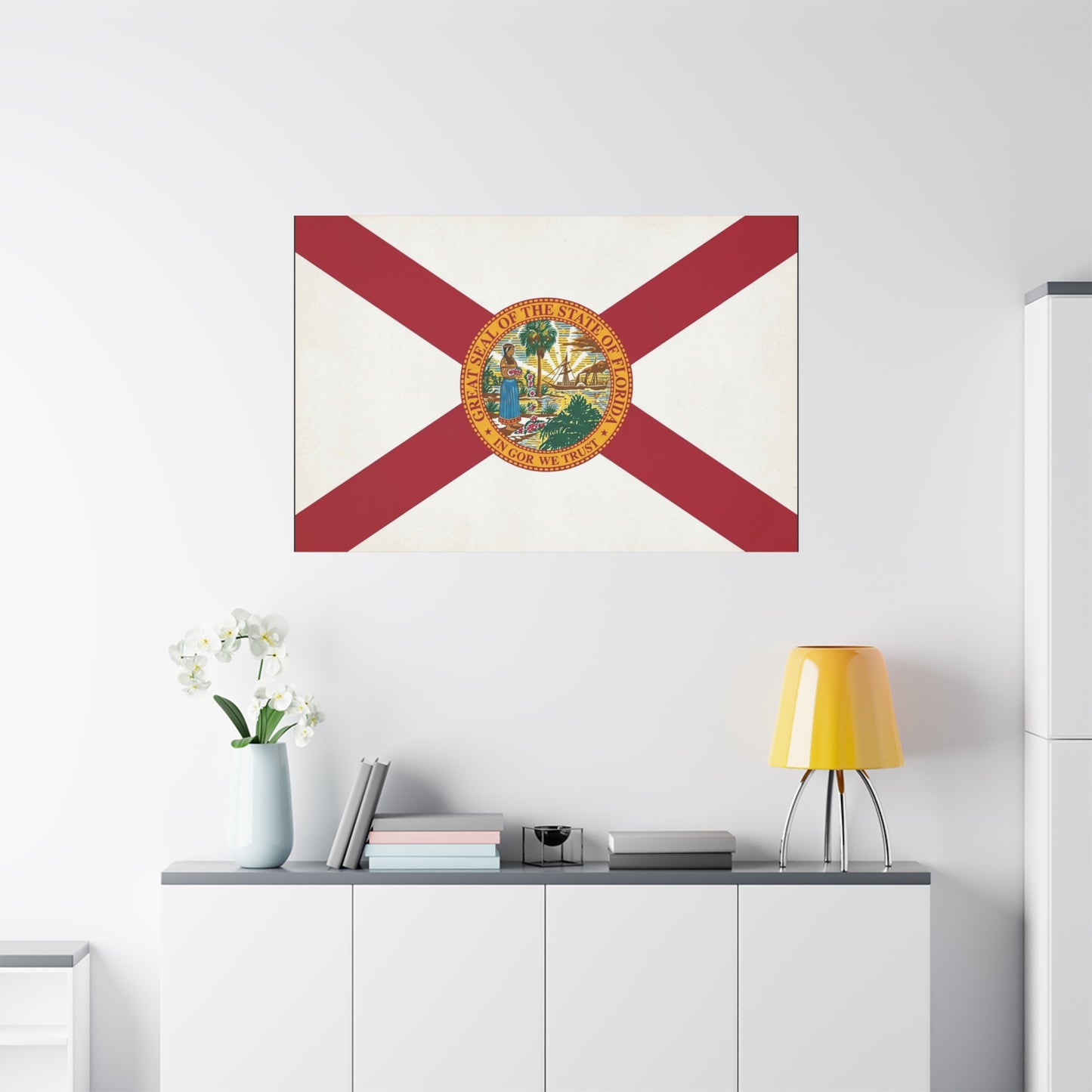 "Great Seal Of The State Of Florida In God We Trust" Florida Flag Canvas Wall Art - Vintage State Pride Decor, Red White Banner Print, Living Room Home Decoration - Office Wall Art - Ready to Hang