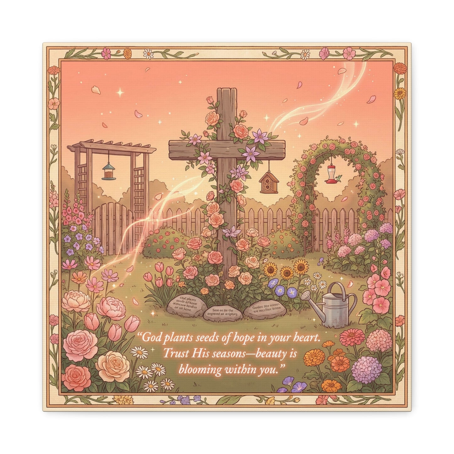 "God Plants Seeds Of Hope In Your Heart" Christian Canvas Wall Art - Floral Cross Garden Scripture Print, Matte Cotton Decor - Inspirational Bedroom Home Decoration, Living Room Accent - Ready to Hang